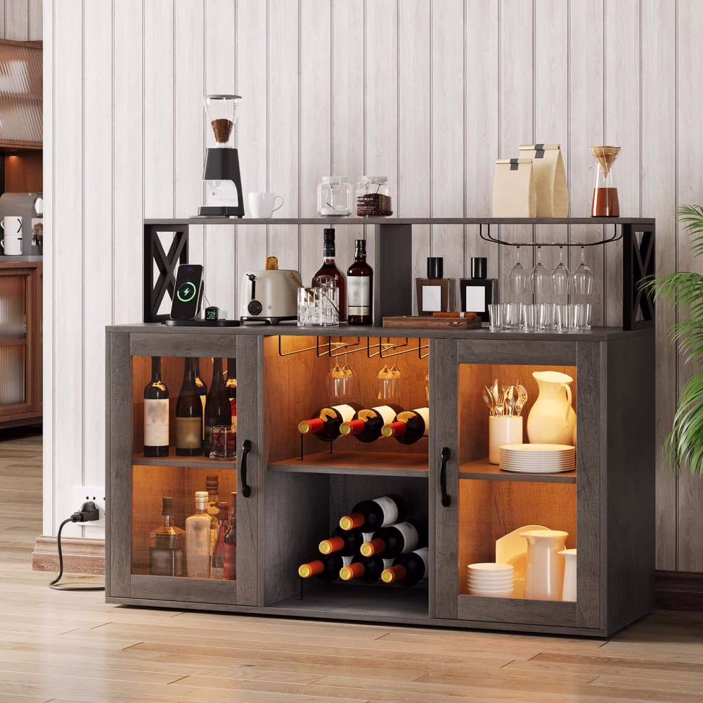 Bar Cabinet for Home, Wine Cabinet with Power Outlets, Led Lights and and Glass Holder, Liquor Cabinet with Storage, Racks for Home, Kitchen(Retro Gray)
