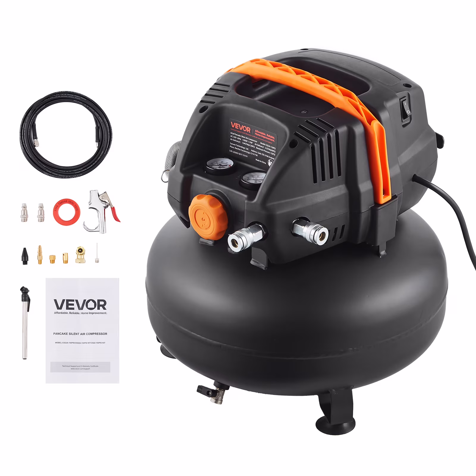 VEVOR 6 Gallon Air Compressor, 1.7HP 2.3cfm@90psi Portable Pancake Air Compressor & 150PSI Max Pressure, 12 - Piece Accessory Kit with 25FT Air Hose for Tire Inflation, Spray Painting, Woodwork Nailing