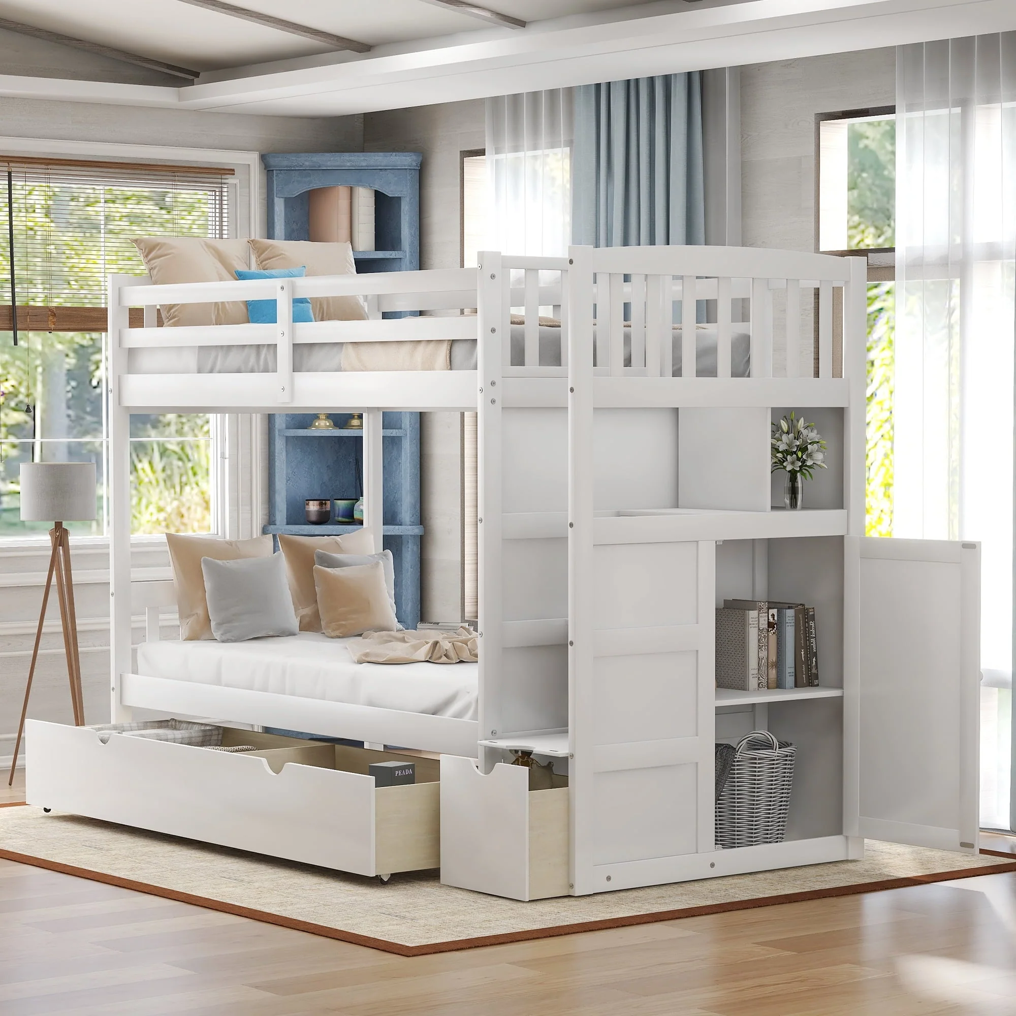 Twin over Twin Bunk Bed with Drawer and Cabinet for Kids Bedroom, White