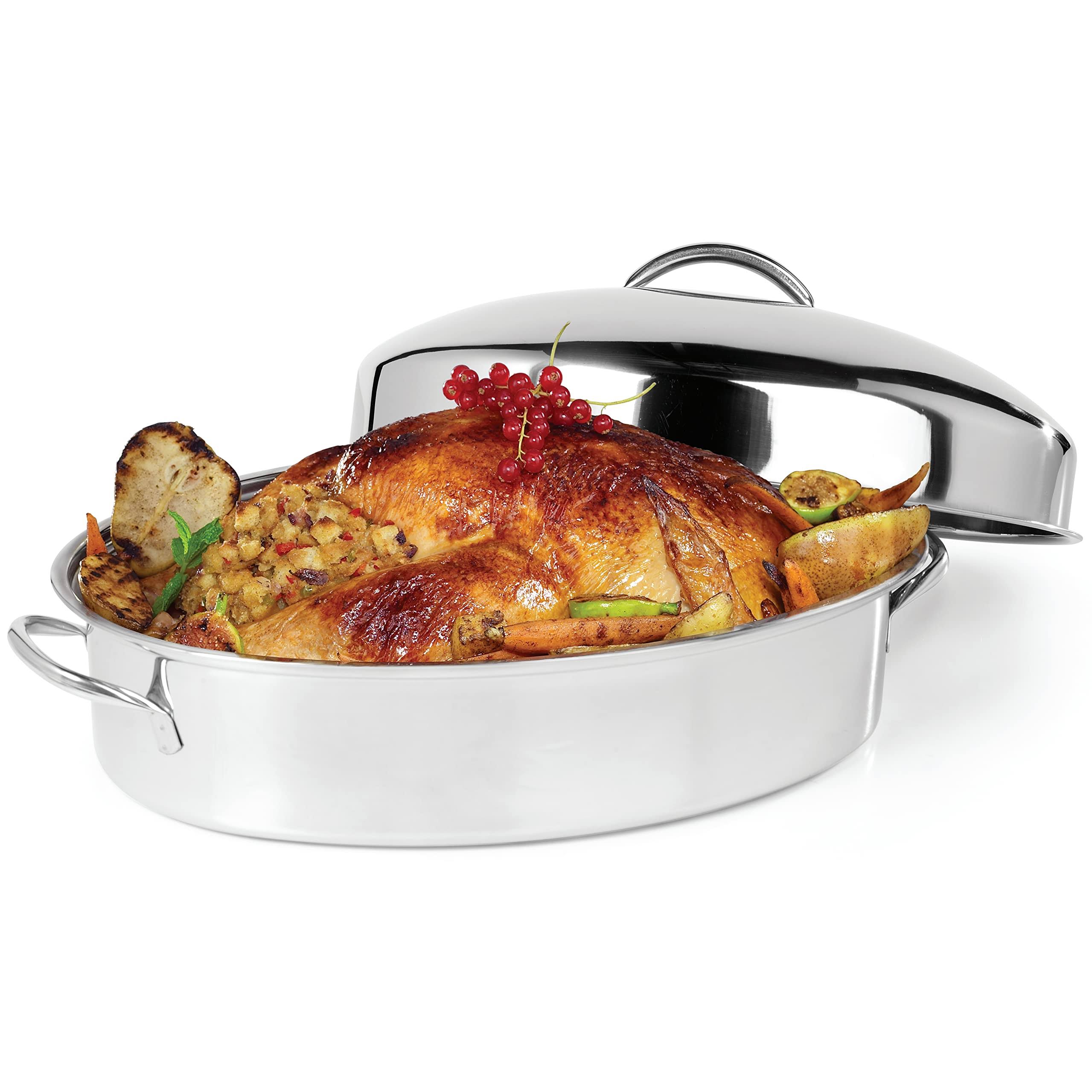 Ovente Kitchen Oval Roasting Pan 16 inch Stainless Steel Baking Tray with Lid & Rack, Dishwasher Safe Portable Silver Cwr32161s