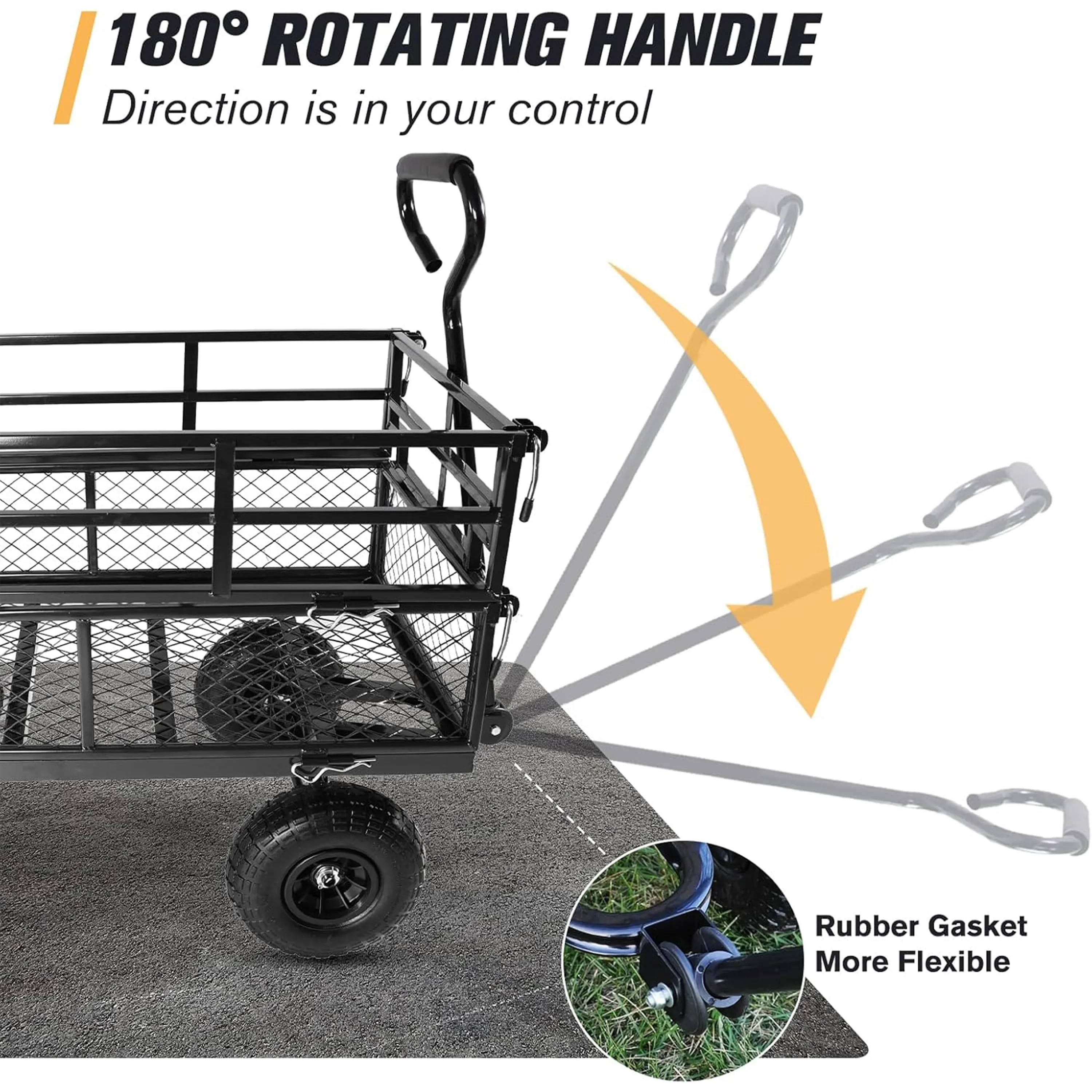 Furnibear Heavy Duty Steel Garden Cart 1500lbs Capacity, 6.35 cu ft, 40.55 x 27.56 Folding Utility Wagon with Double-Layer Removable Side, Black