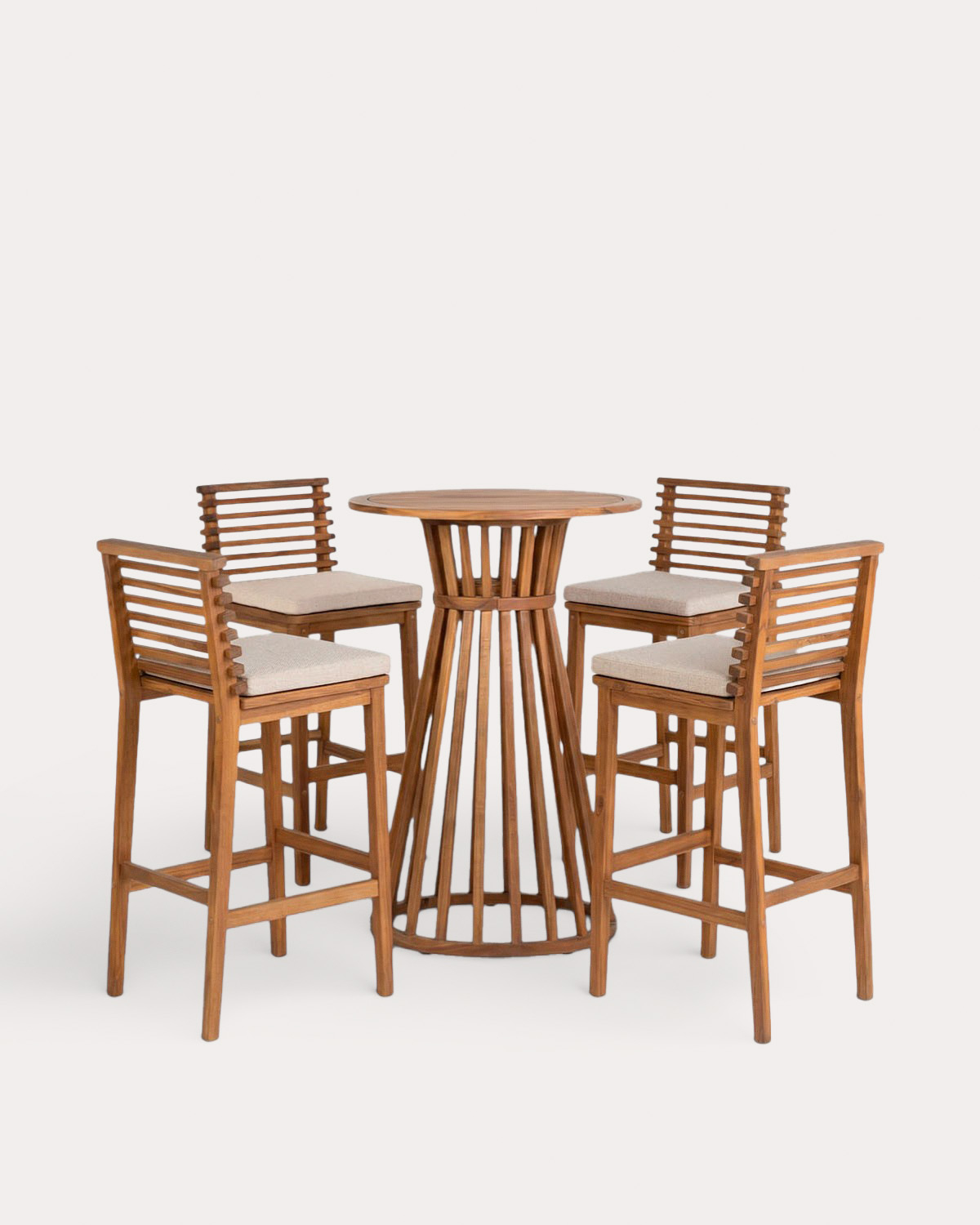 Hazan - Set de Mesa Alta (Ø70 cm) y 4 Taburetes Altos de Madera de Acacia y Tela (75 cm) de Exterior Hazan