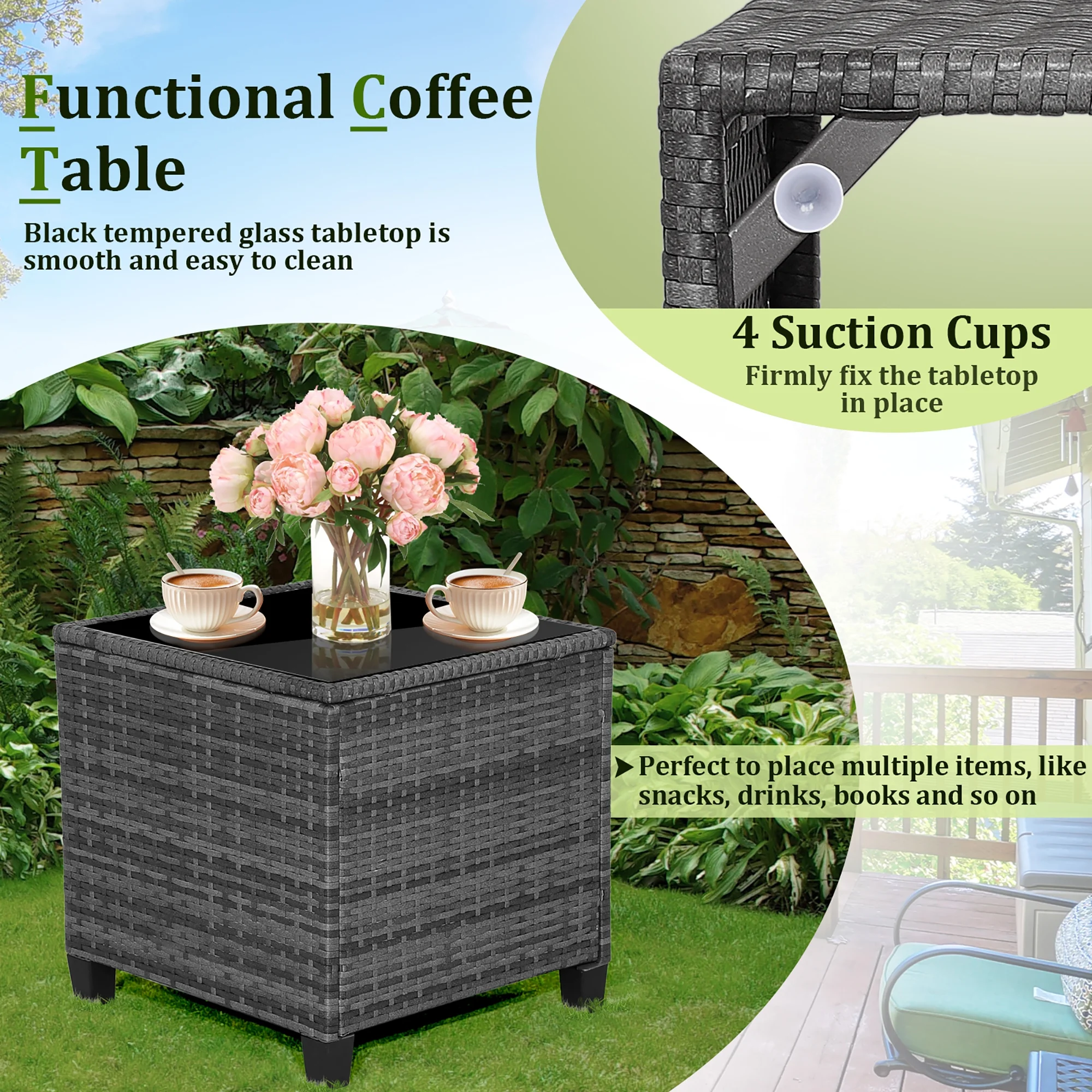 3PCS Patio Rattan Sofa Set Outdoor Wicker Conversation Set Glass Tabletop w/ Grey Cushion - Image 7
