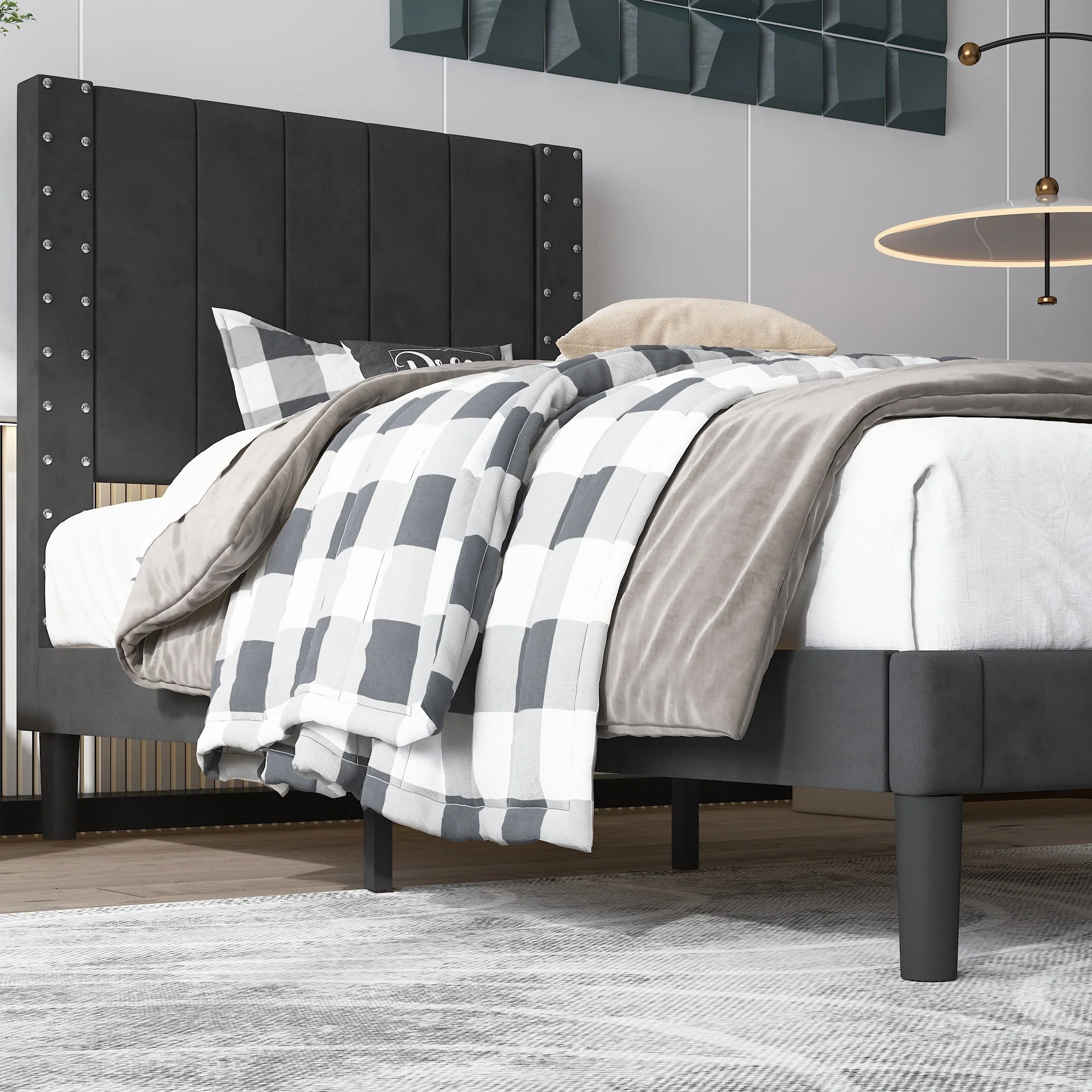 BTMWAY Twin Size Bed Frame, Upholstered Fabric Platform Bed with Riveted Decorative Headboard, No Box Spring Needed, Twin Bed Frame for Kids Teens Adults, 500lbs Capacity, Easy Assembly, Black(Twin/Beige)