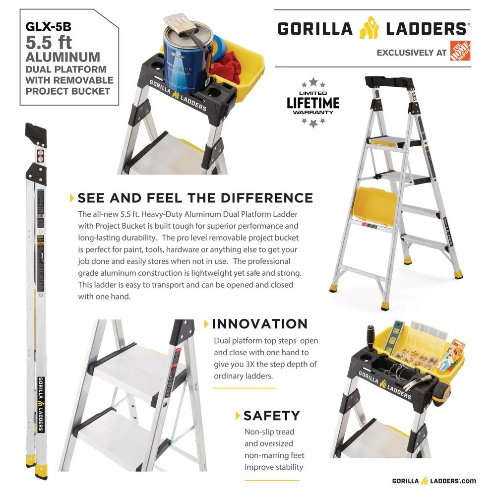 Removable Dual Platform Heavy Duty Ladder With Project Bucket, 5.5 ft, Aluminum, Multicolor - Image 5