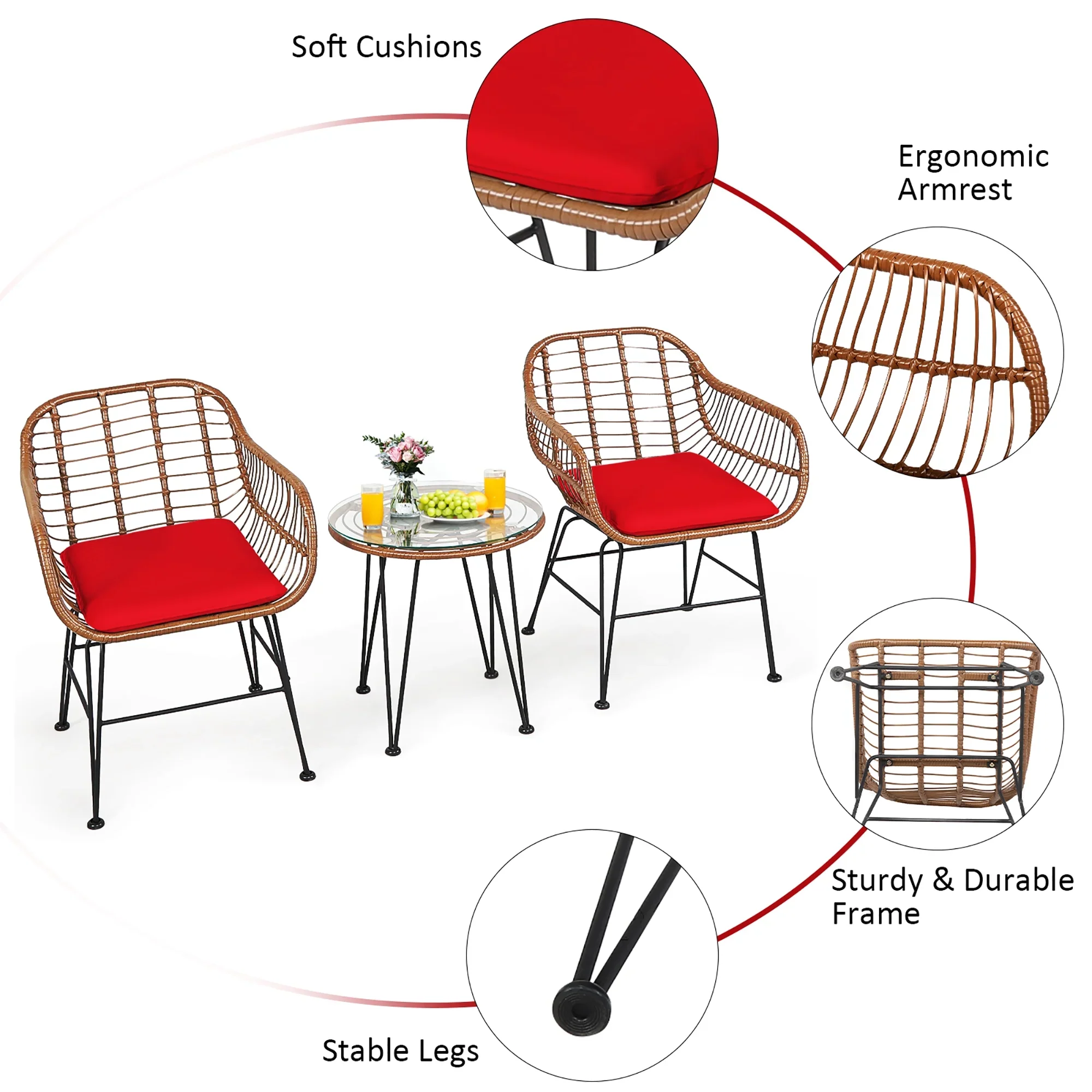 Costway 3PCS Patio Rattan Bistro Set Coffee Table Armchair Garden Red Cushion