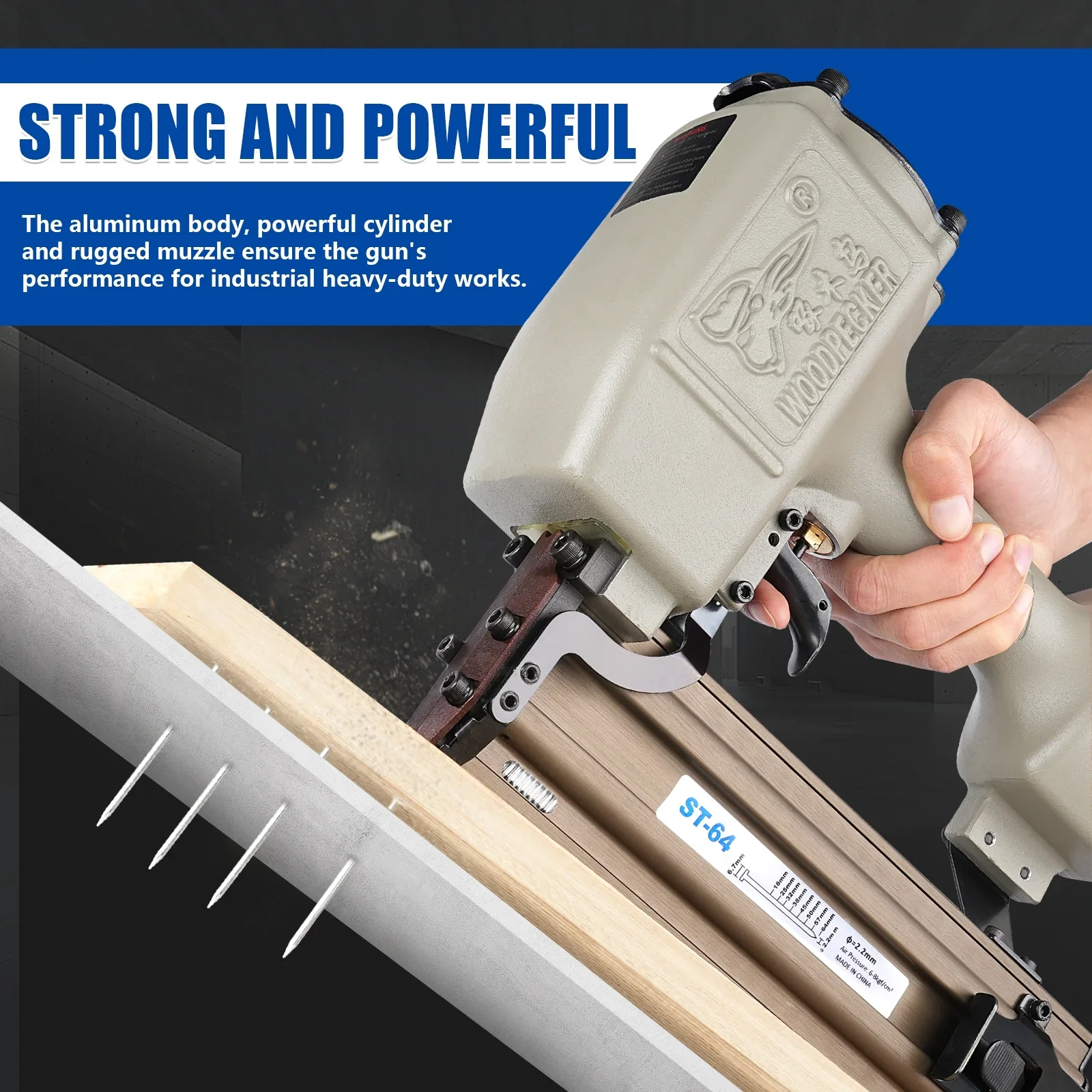 WOODPECKER ST64 Pneumatic Concrete T Nailer, 14 Gauge 3/4 to 1-1/2 Heavy Duty Air Concrete Nail Gun for hardwood nailing, Masonry, Cement, Concrete Brick Nailing