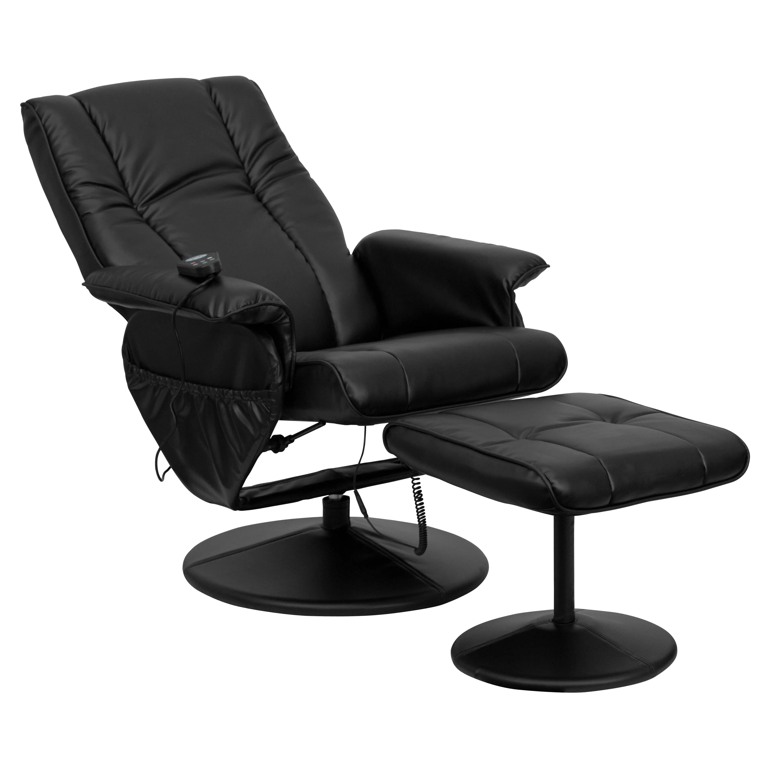 Bizchair Massaging Heat Controlled Adjustable Recliner and Ottoman with Wrapped Base in Black Leathersoft