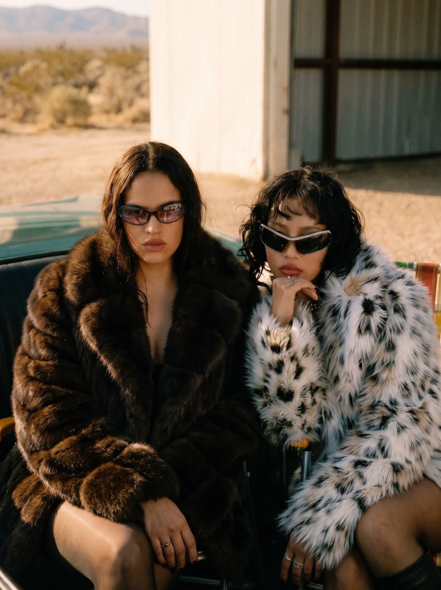 Women wearing brown and spotted faux fur coats in an outdoor desert setting