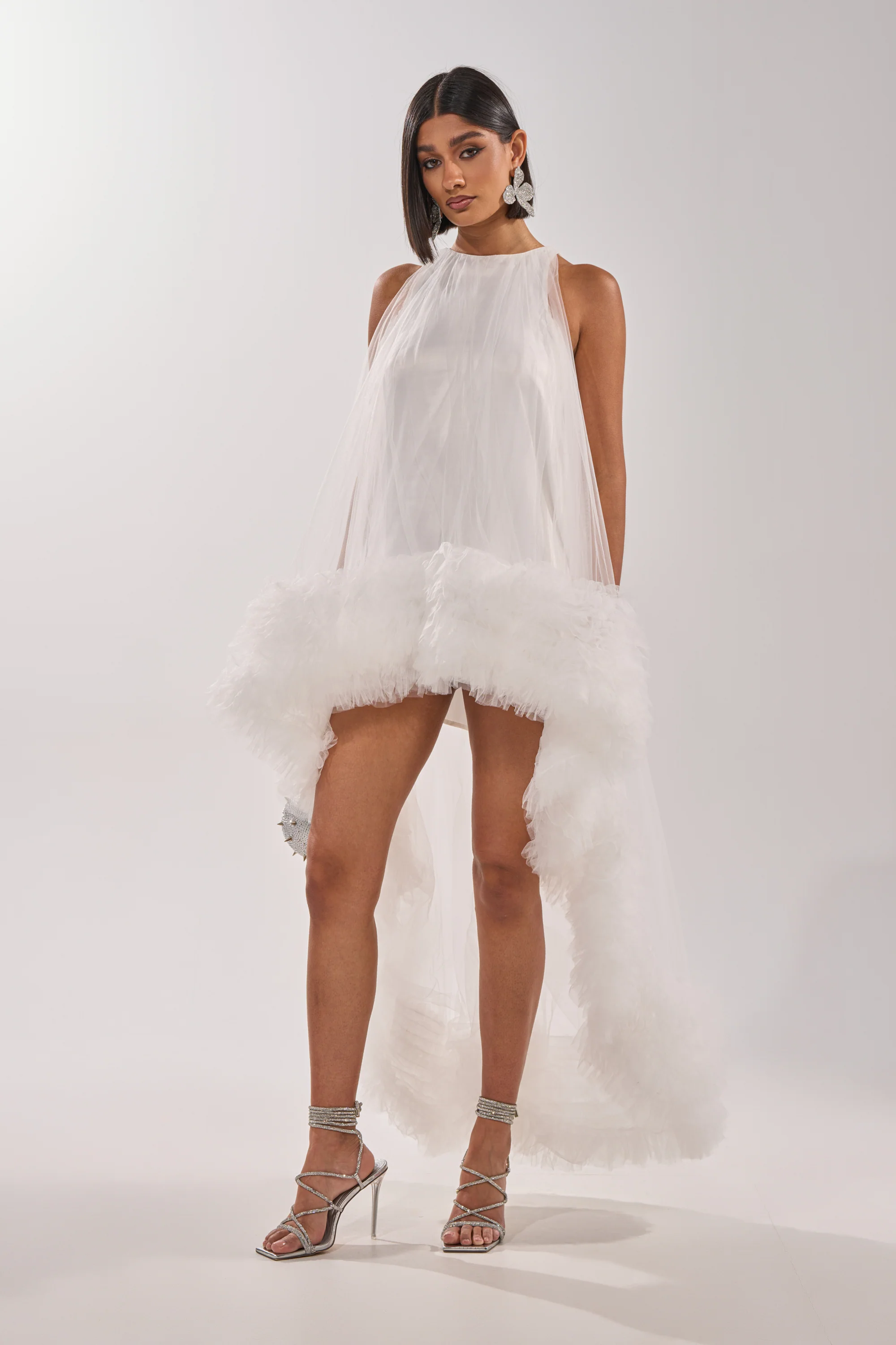 ARI TULLE RUFFLE HIGH LOW MINI DRESS IN WHITE - Akira Store