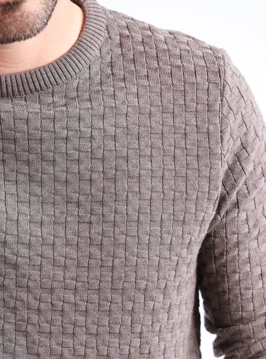 Pull homme damier en laine beige taupe
