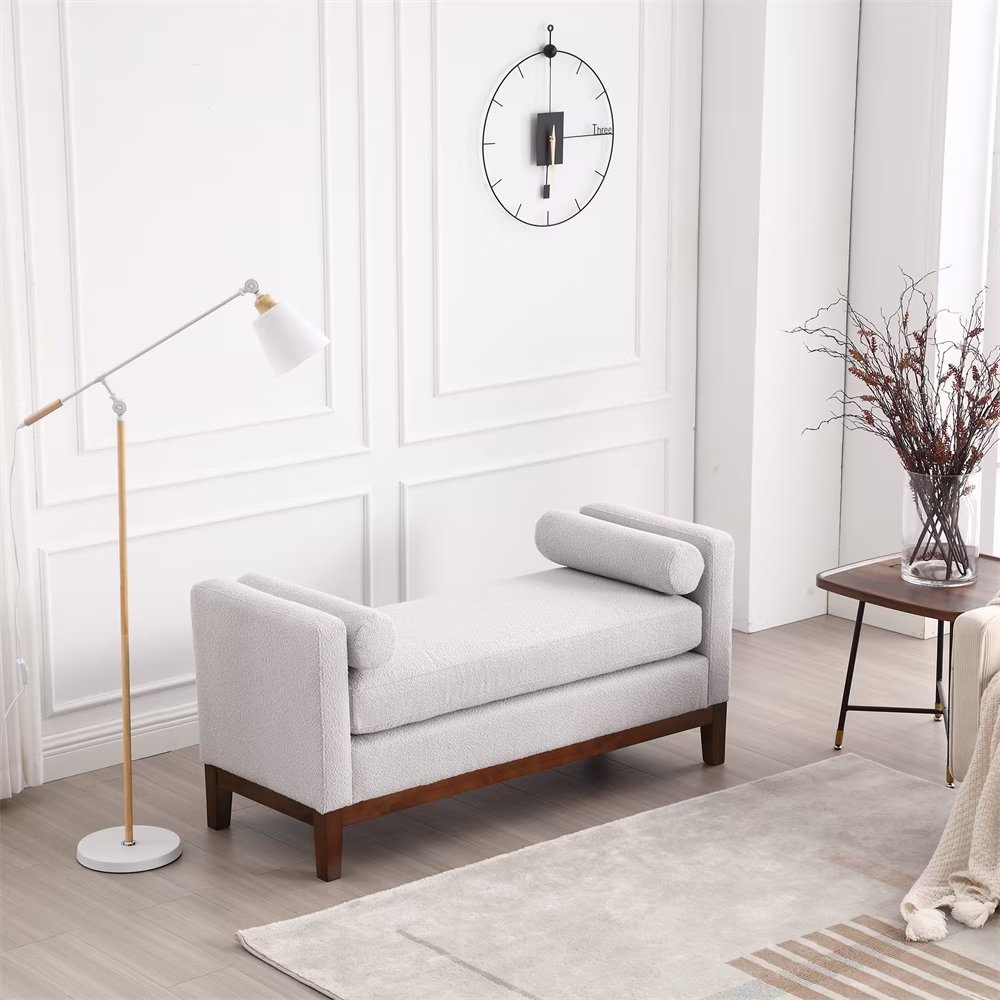 53 5"W Elegant Upholstered Bench with Wood Legs Round Pillows,Comfy Boucle Fabric Footrest with Arms, Entryway Bench for End of Bed, Bedroom and Living Room, Ivory(Ivory) Image 3