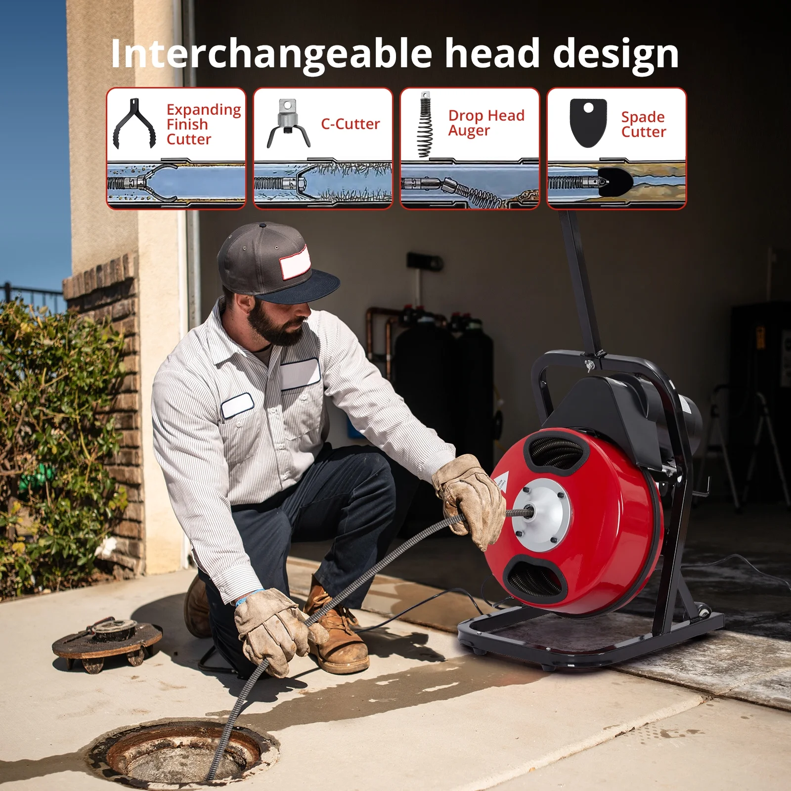 Drain Cleaner Machine 50FT/75FT/100FT x 3/8-inch/1/2-inch Sewer Auger Electric Drain Auger Sewer Snake with 4 Cutter, Air-Activated Foot Switch, Gloves(250W-50FT-1/2inch) - Image 5