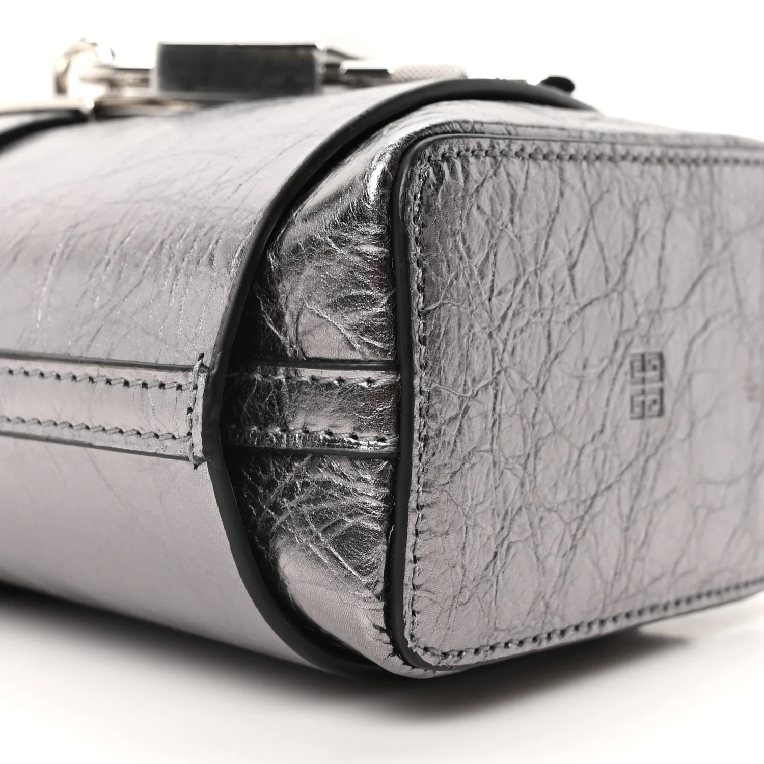 Laminated Lambskin Micro Shark Lock Bucket Bag Silvery Grey