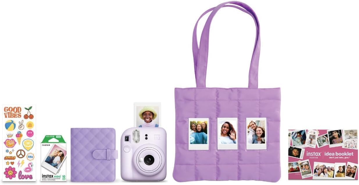 FUJIFILM INSTAX Mini 12 Holiday Bundle 2025 | with Extra Instax Mini Film + 4 Pk AA Batteries & Sunshine Photo Microfiber Cleaning Cloth (10 Items) (Holiday Bundle (10 Sheets)  Lilac Purple)