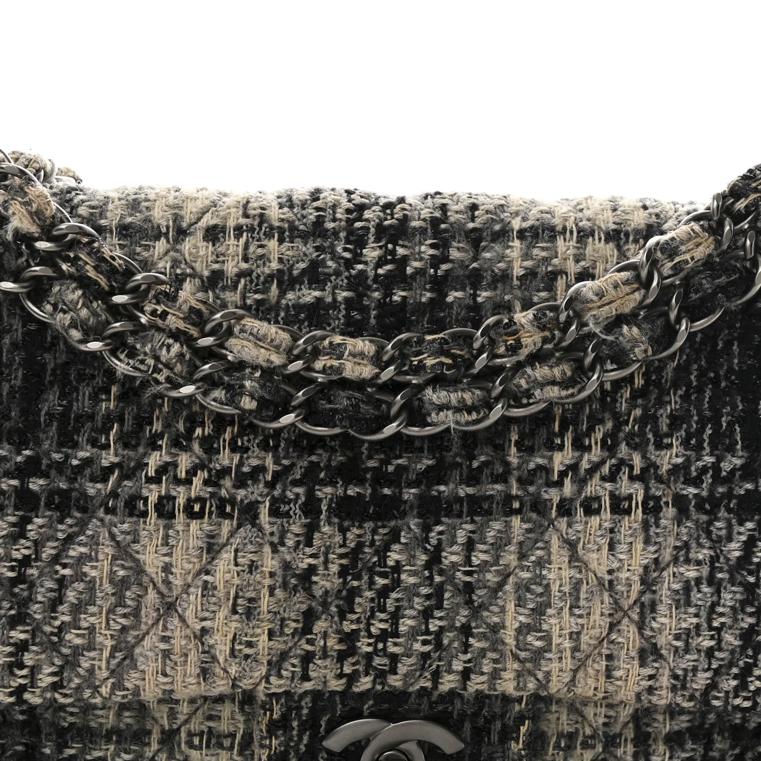 Tweed Quilted Medium Double Flap Beige White Black