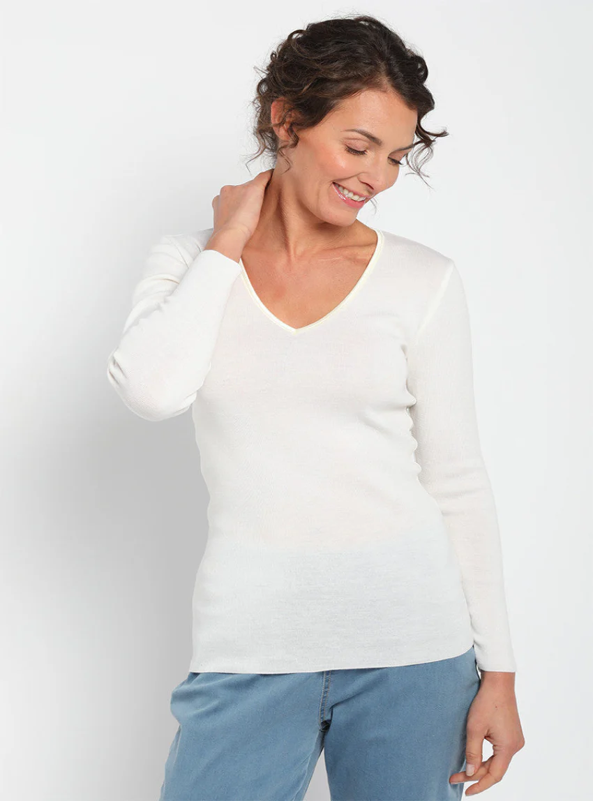 Tee Shirt femme laine mérinos manches longues col V  Blanc naturel