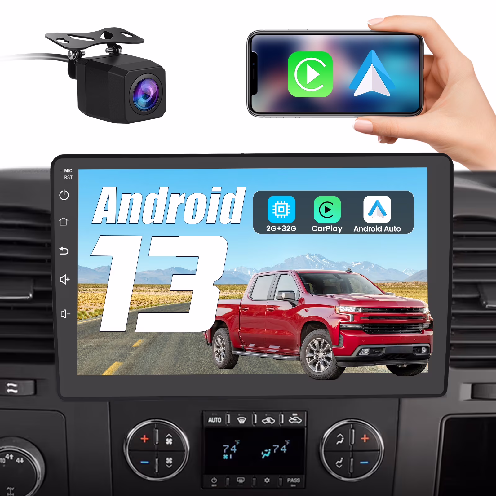 Car Radio Stereo 2+32GB for Chevy Chevrolet Silverado 2007-2013 Tahoe Equinox GMC Sierra Yukon with Wireless CarPlay,Android Auto,DSP,Bluetooth,WiFi,SWC Back Camera(2G+32G+Back Camera)