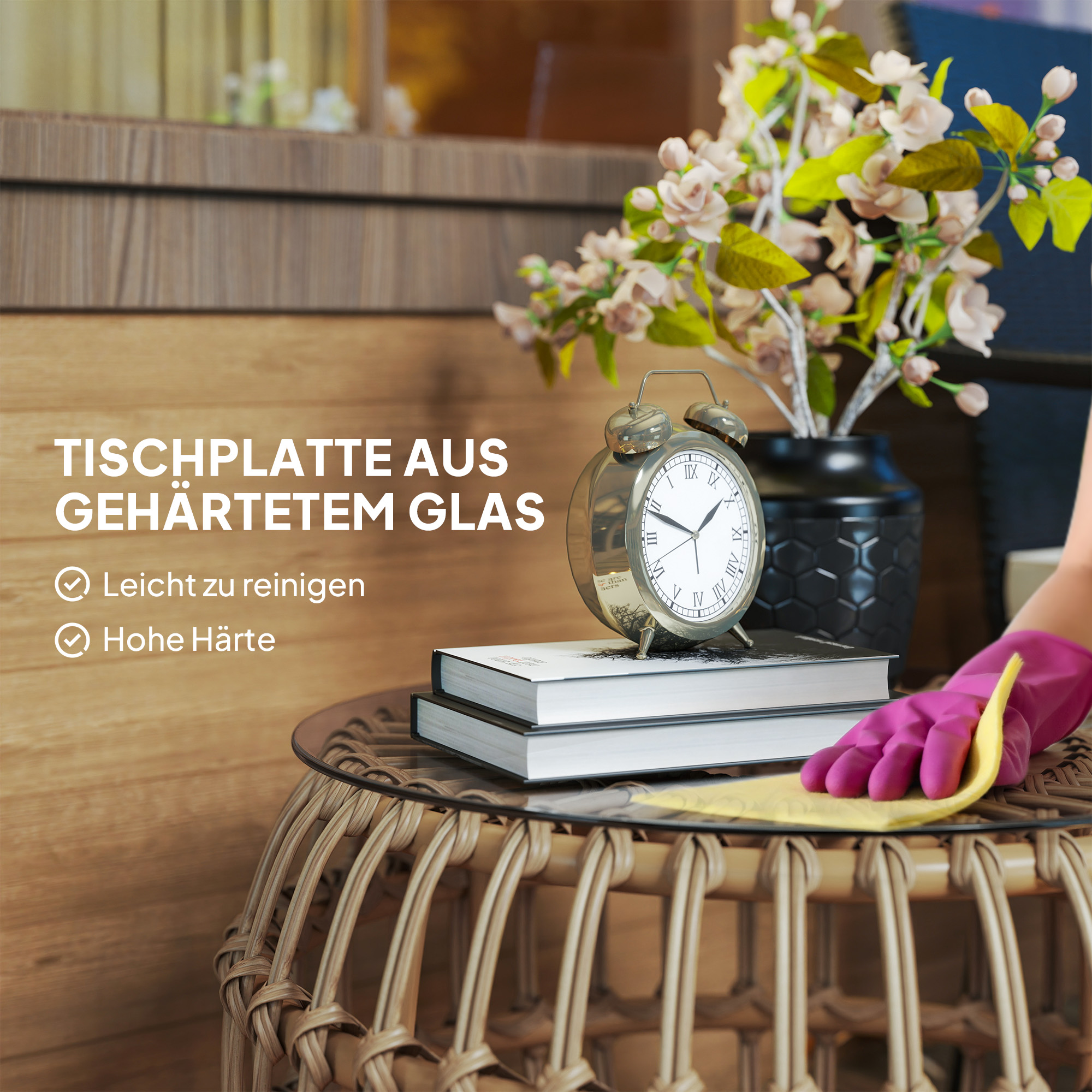 Outsunny 2-delige Set Bijzettafels Polyrattan Ø66/42 cm Rond Weerbestendig met Glazen Blad - Bruin