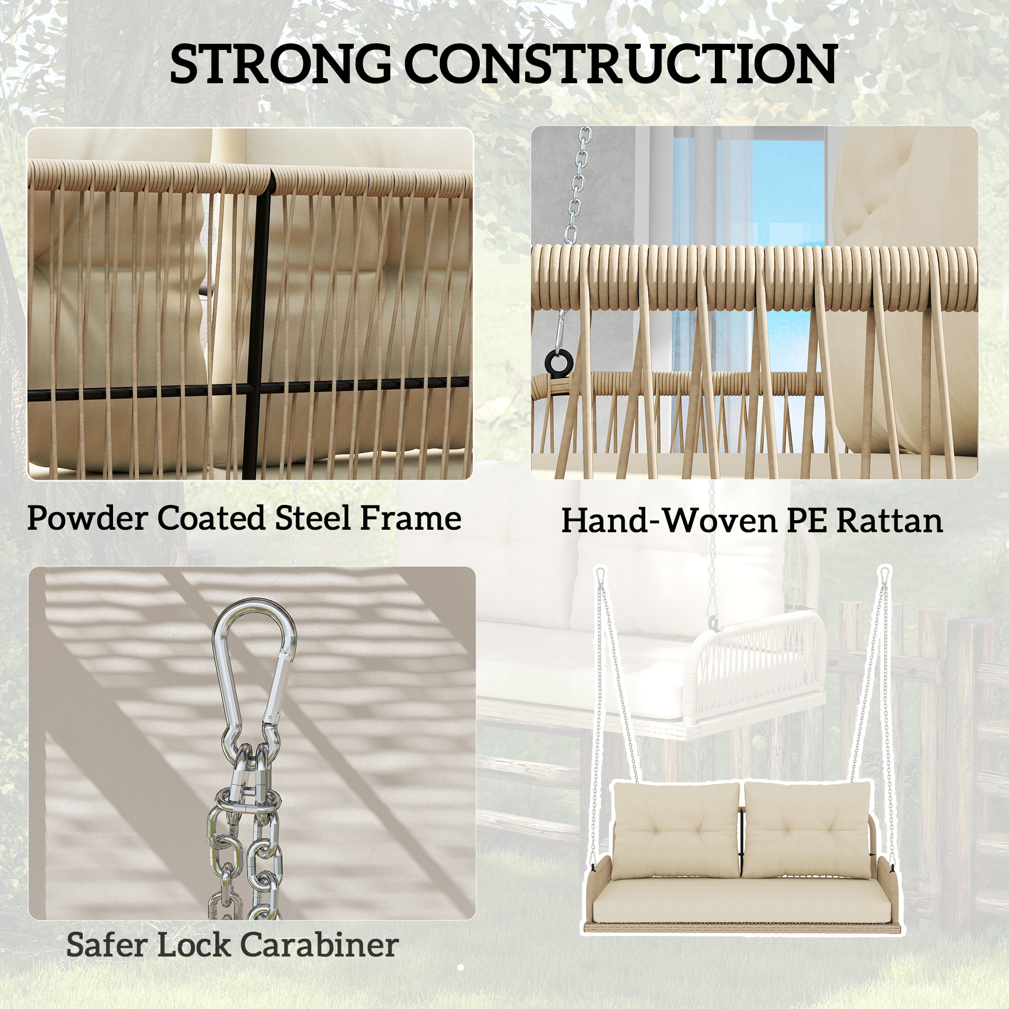 Outsunny Hollywoodschommel 2-Zits Rattan Tuinschommel met Kussens Ketens Tot 240 kg 115 x 66 x 44 cm Beige