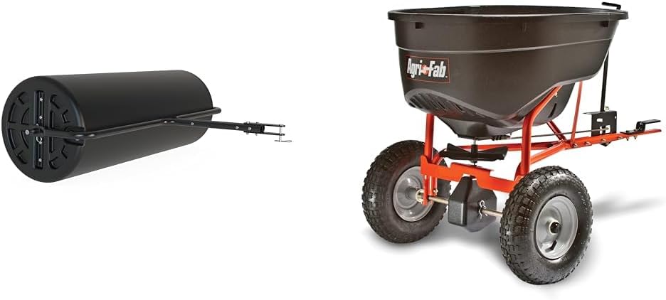 Rouleau à gazon tracté 18 po x 48 po, en polyéthylène, poids 550 lb avec eau, tambour en polyéthylène et châssis en acier, avec bouchon. Conçu pour les tracteurs de jardin et de pelouse.
