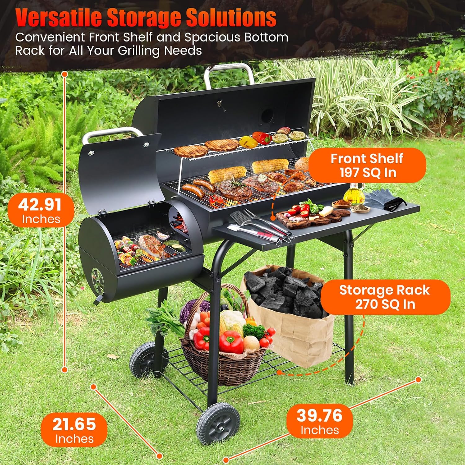Realcook Charcoal Grills with Offset Smoker: Spacious Barrel Charcoal Grill