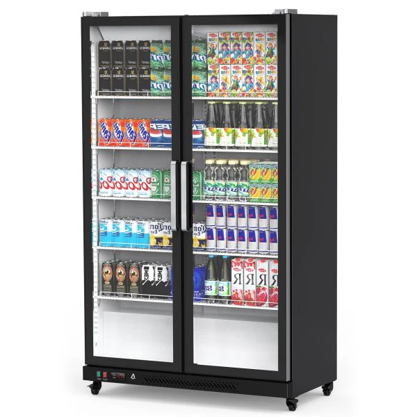 Réfrigérateur commercial à porte vitrée avec éclairage LED – Vitrine réfrigérée verticale pour boissons, idéale pour la maison, les magasins, les gymnases ou les bureaux. Elle est dotée de deux portes battantes et d'une capacité de 39 pi³.
