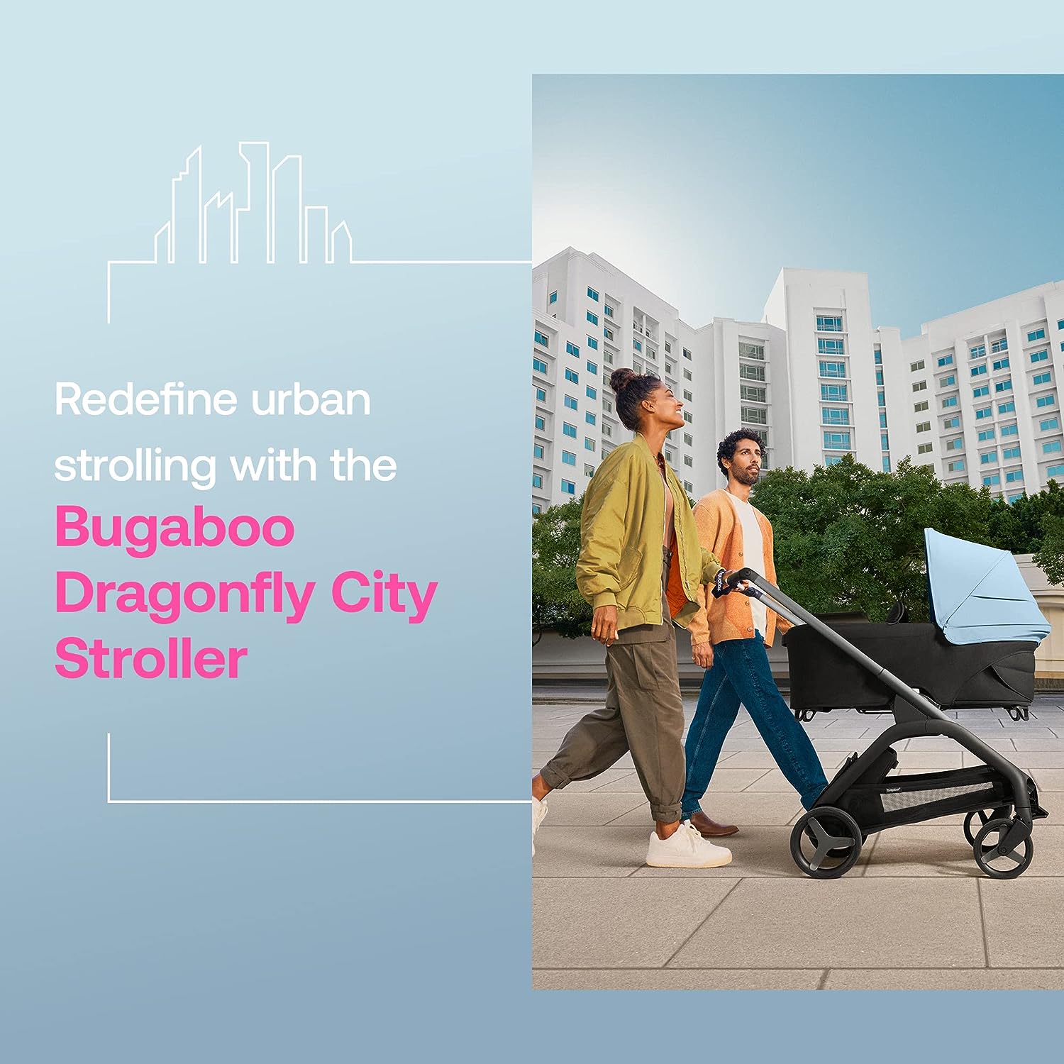 Poussette Bugaboo Dragonfly City avec nacelle bébé et siège enfant, pliage facile d'une seule main dans toutes les positions, suspension intégrale, grand panier, châssis graphite et capote bleu ciel