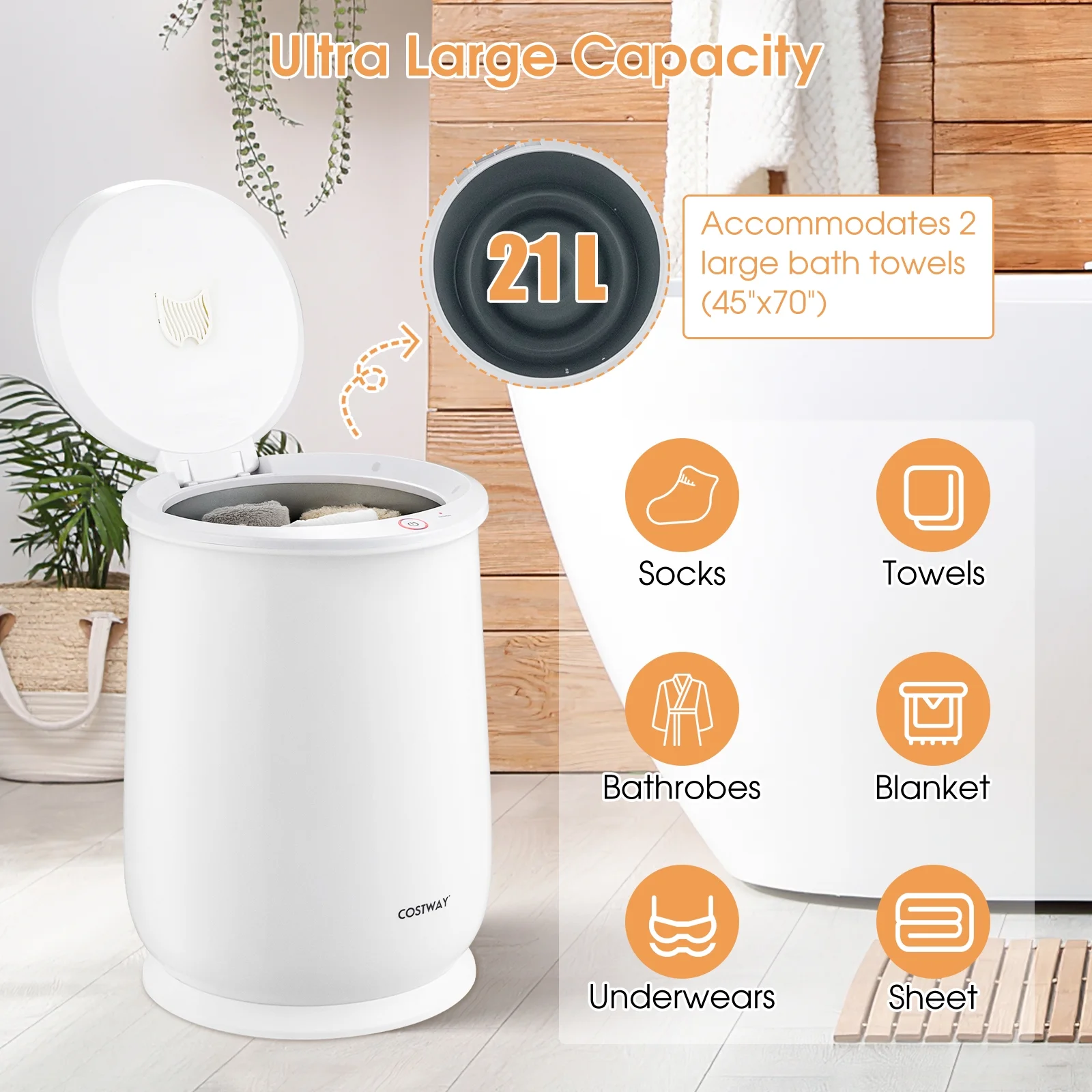 Costway 21L Large Capacity Towel Warmer with Flip-top Lid Auto Shut off Fragrance Holder White