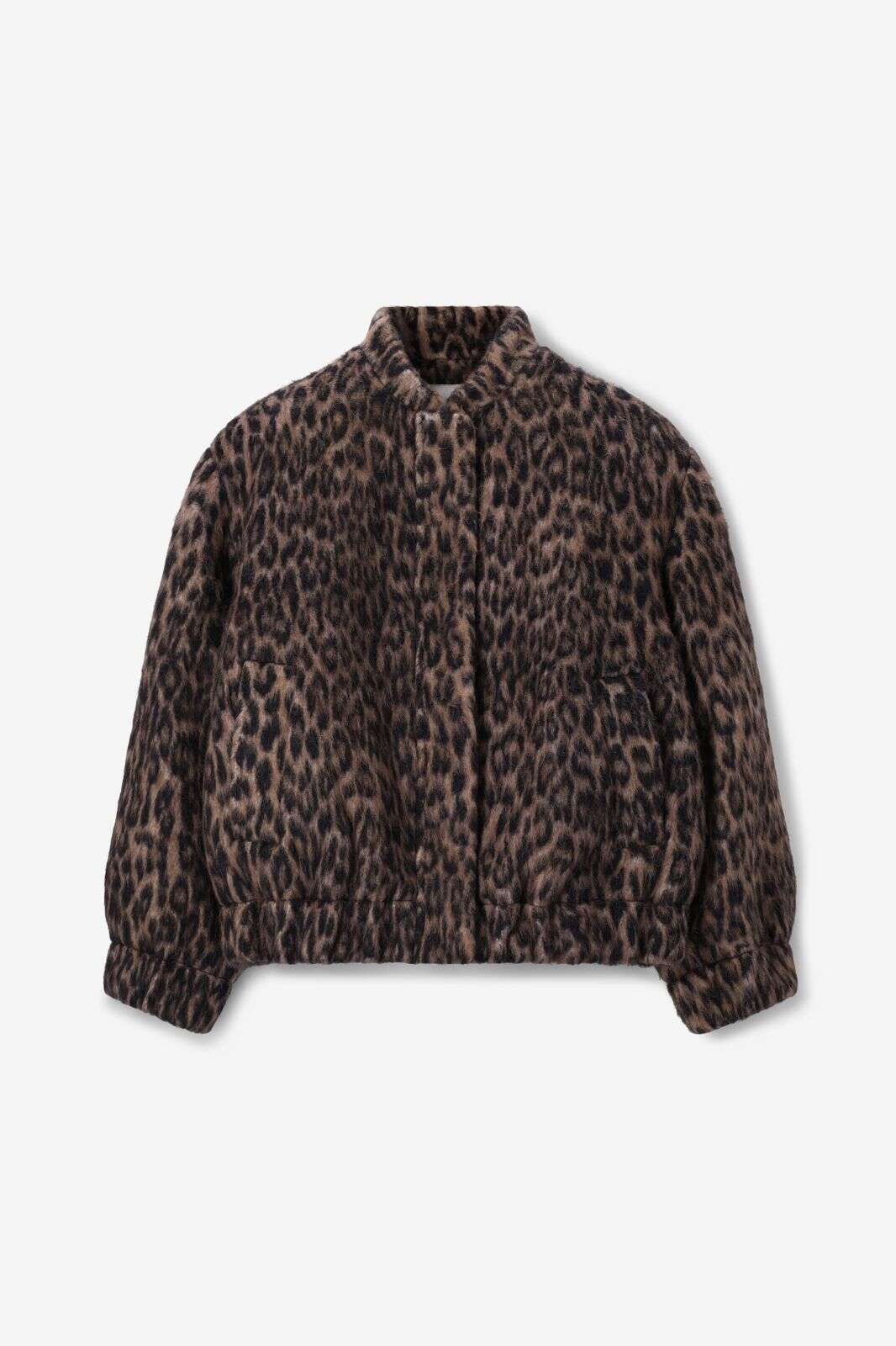 Bruine wollen boucl&eacute; jas met leopard print