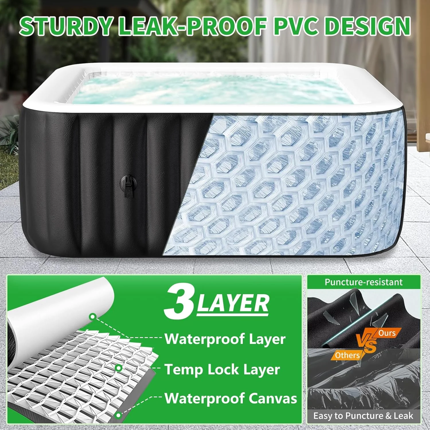 4-6 Person Inflatable Hot Tub, Square Blow Up Portable Hot Tub, Leak-Proof PVC Outdoor Spa with 130 Strong Air Jets, Heater Pump and Insulated Cover, 73�� X 73��X 25�� - Image 6