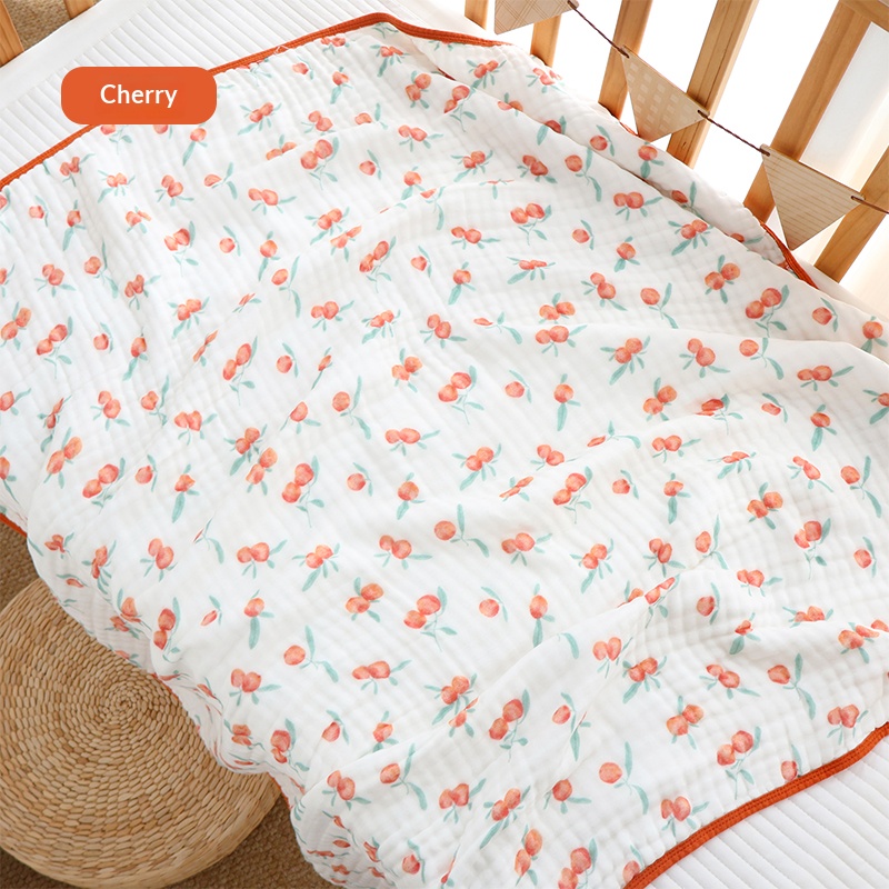 Skin-friendly 6-Layer Bamboo Cotton Baby Blanket Soft Muslin Swaddle Fruit Print Bubble Gauze Quilt for Newborns Nursery Gift