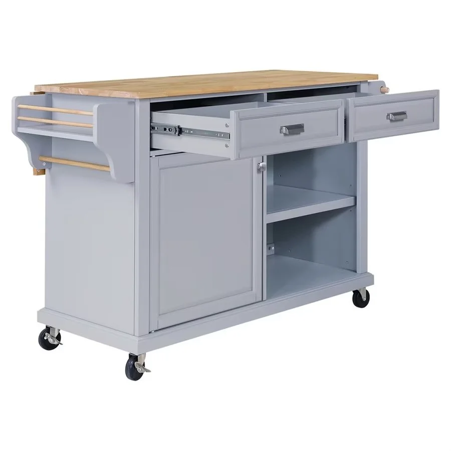 Rolling Kitchen Island with Storage, Utility Kitchen Trolley with Drop-Leaf Countertop, Mobile Kitchen Cart with 2 Drawers, 2 Cabinets and Adjustable Shelves for Dining Room, Kitchen(Gray) - Image 3