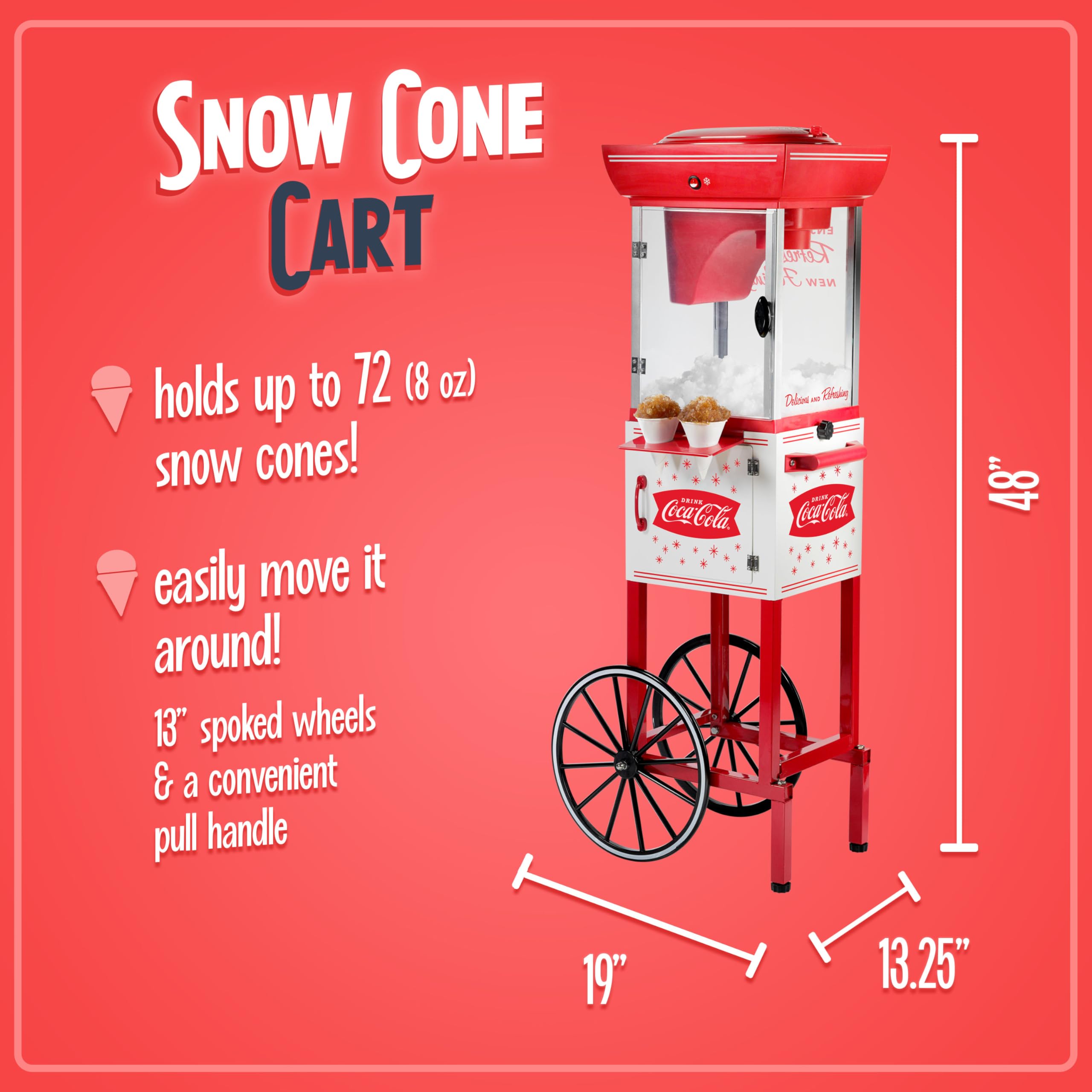 48-Inch Tall Snow Cone Cart, Makes 72 Icy Treats, Includes Metal Scoop, Storage Compartment, Wheels For Easy Mobility – Red
