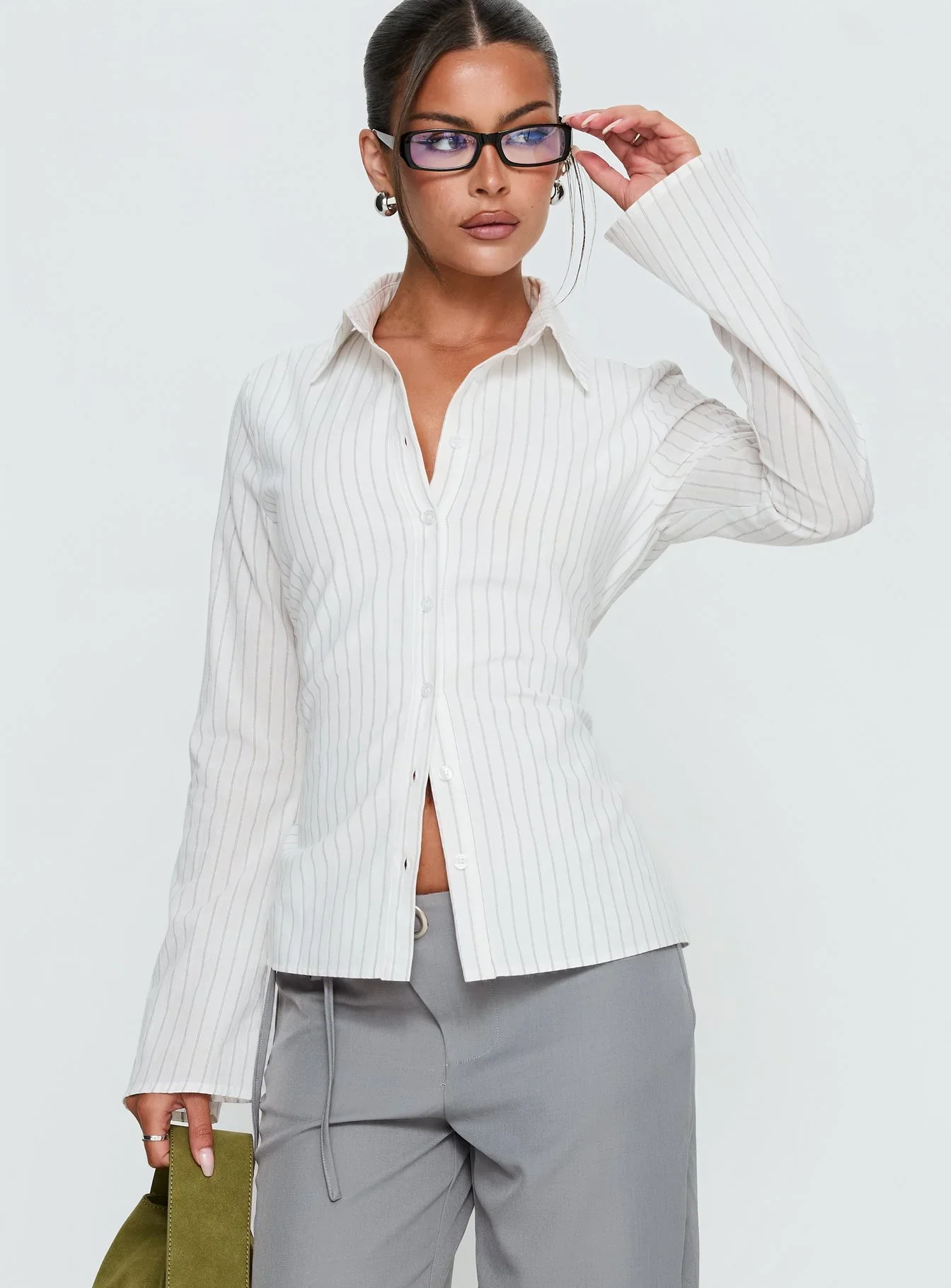 Eryx Tie Back Button Up Top White Pinstripe