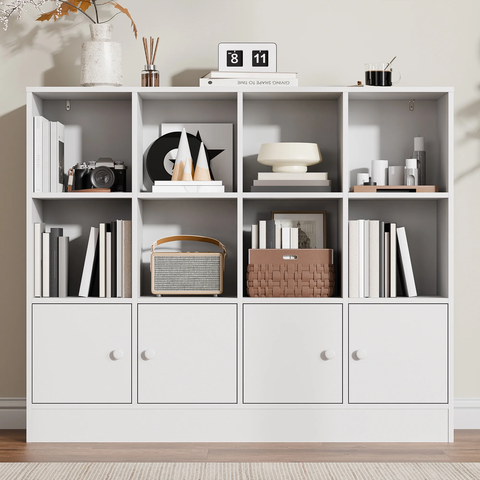 3-Tier Open Cube Bookcase with 12 Cubes and 4 Doors, Adjustable Shelves, White(White) - Image 4
