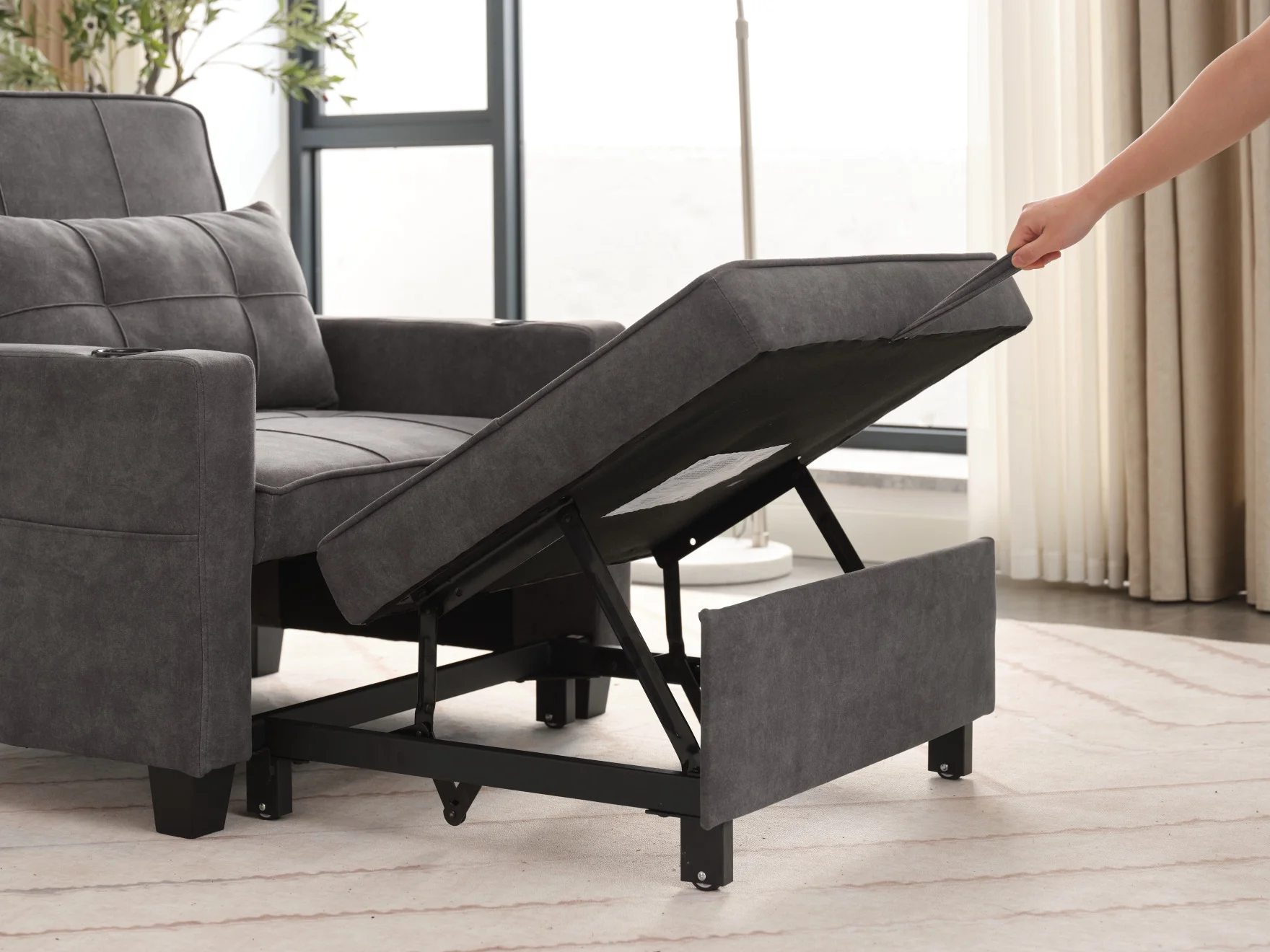 Convertible Futon Sofa Bed, 3 in 1 Multi Functional Sleeper Chair Bed with USB Ports, Adjustable Backrest Recliner,for Living Room Bedroom Small Space, Tech Cloth, Dark Grey(Tech cloth/Dark Grey) Image 10