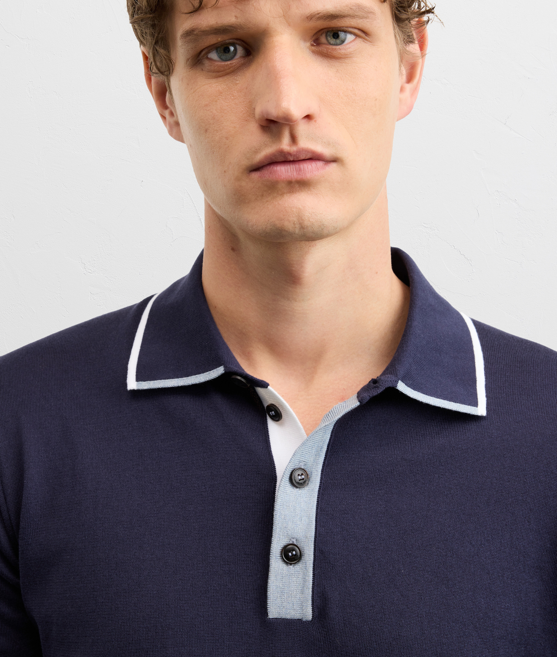 NAVY BLUE COTTON KNIT SHORT SLEEVED POLO SHIRT WITH INTARSIA DETAILS