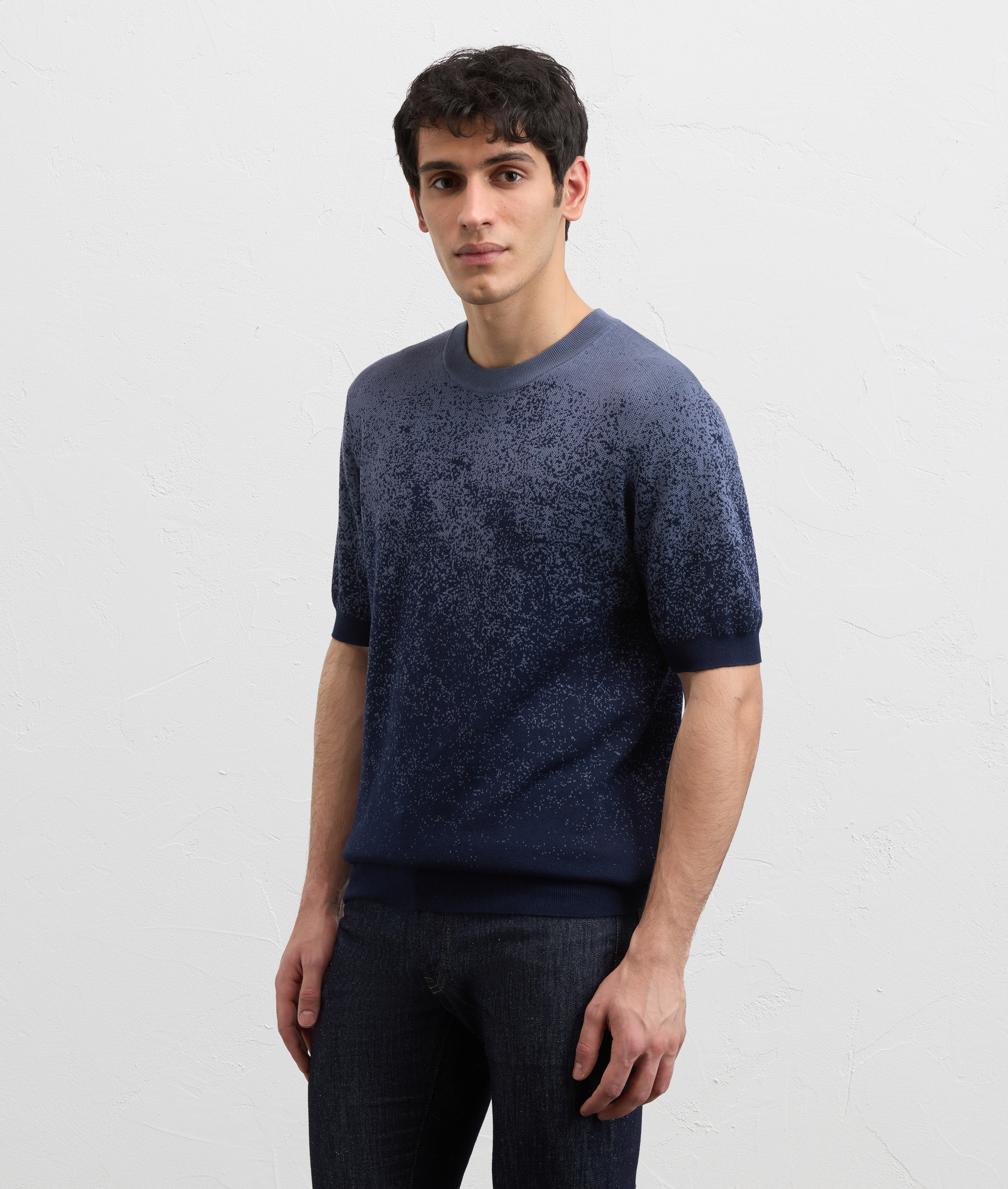 LIGHT BLUE LYOCELL COTTON AND SILK KNITTED T SHIRT WITH JACQUARD SHADED EFFECT