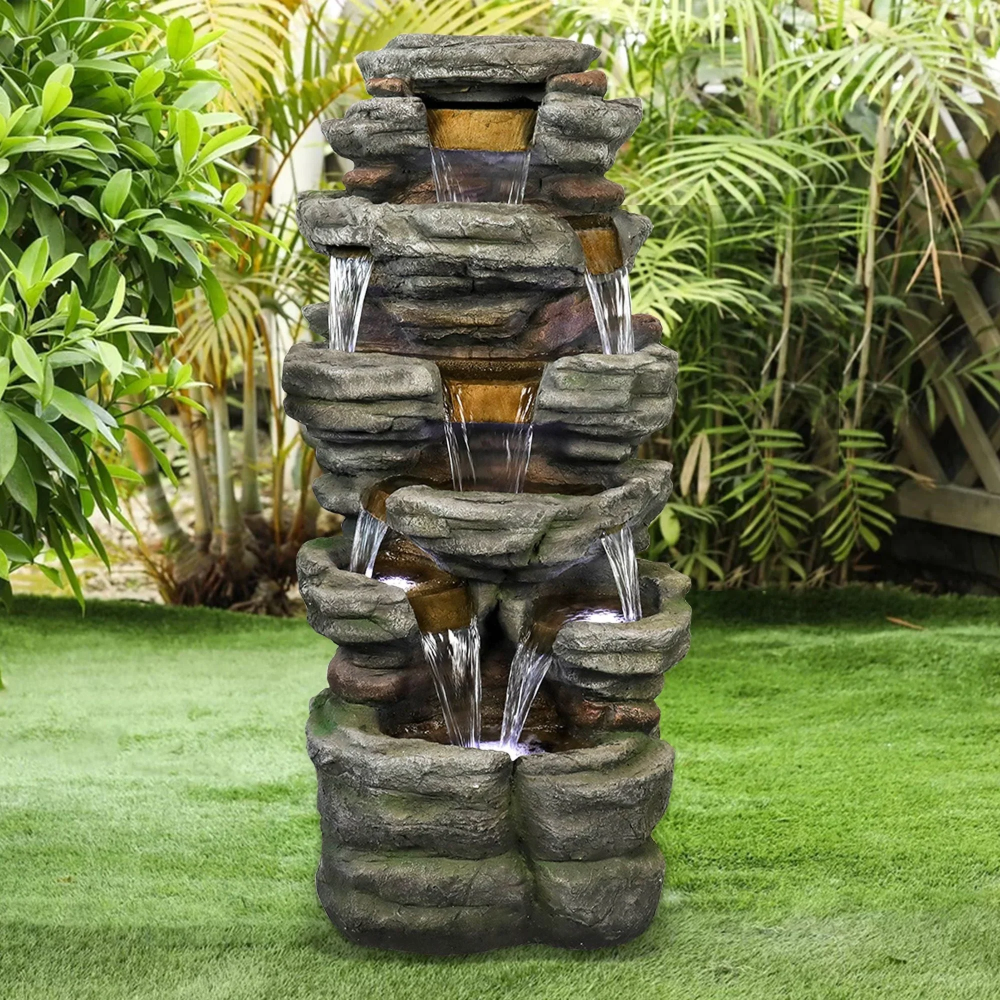 Willwolfer Rockery Outdoor Floor Water Fountain with Light LED 47.2 High Cascading Waterall for Yard Garden Patio Deck Home