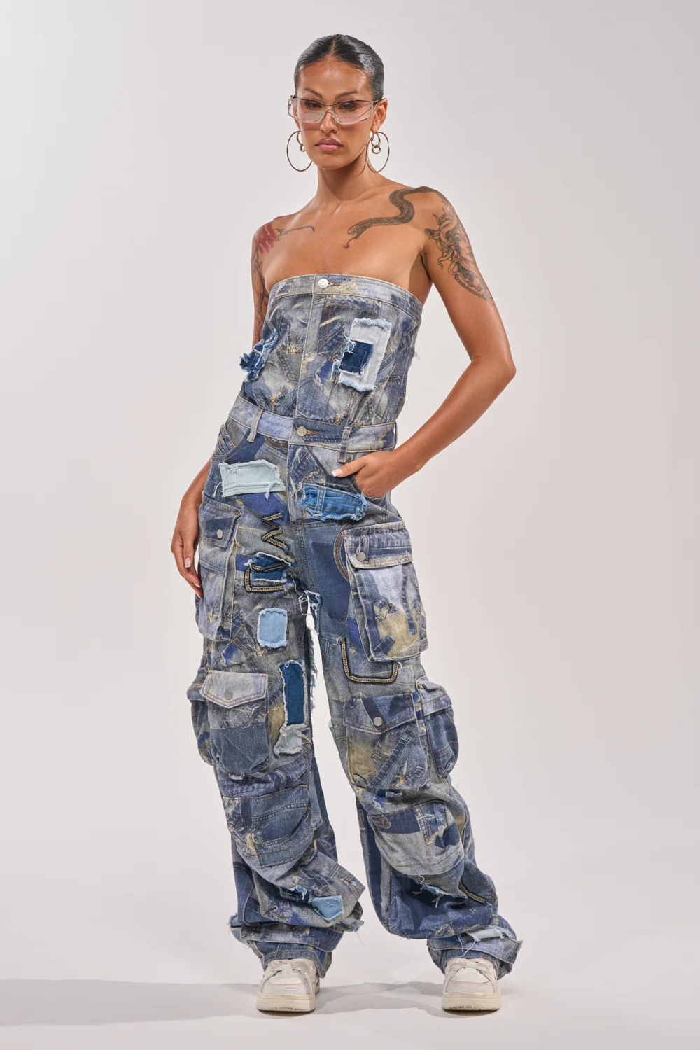 PATCHWORK DENIM ON DENIM JUMPSUIT - Akira Store