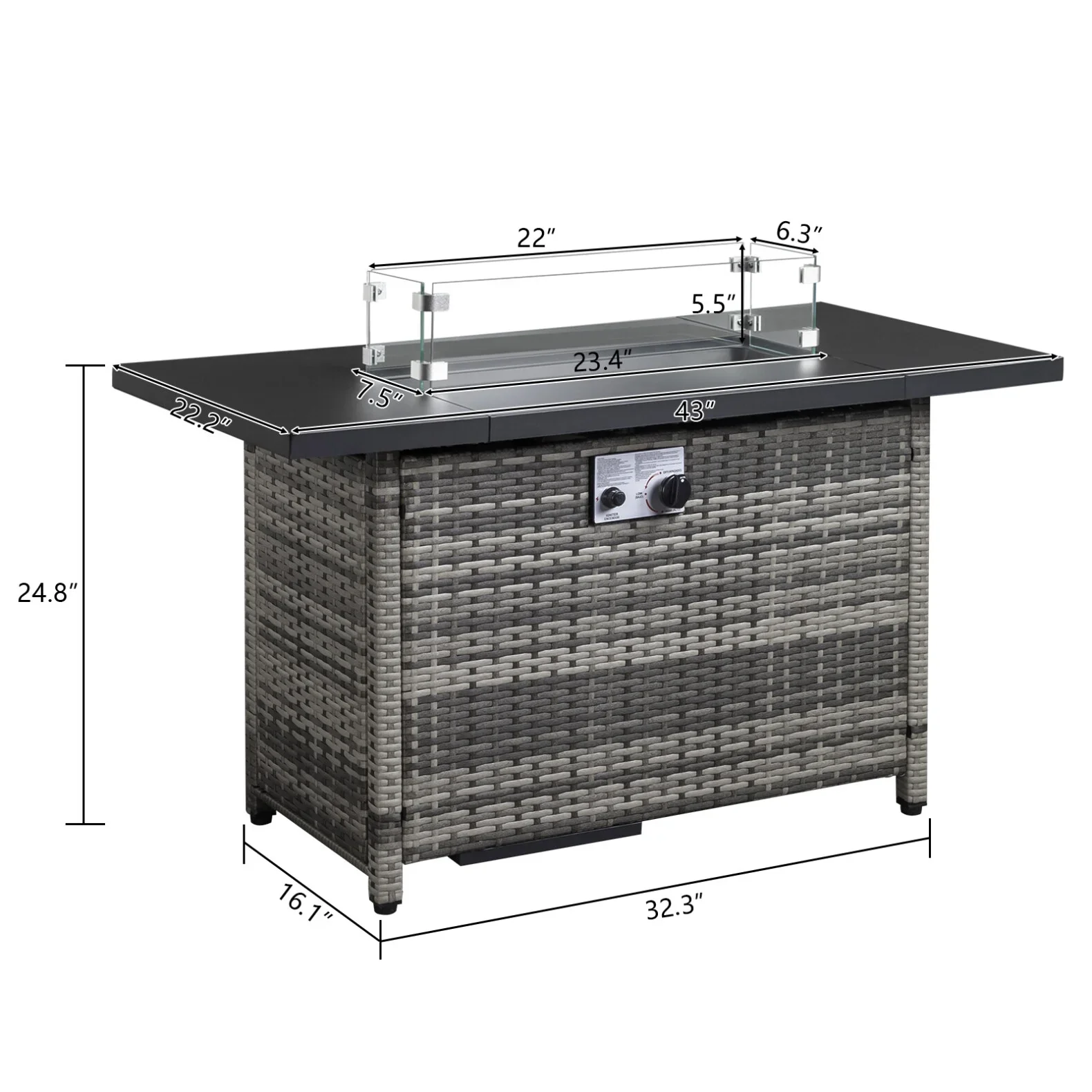 43 in Propane Fire Pit Table, 50,000 BTU Auto-Ignition Fire Pit Table, Gas Fire Pits for Outside with Glass Stone and Waterproof Cover, Grey Rattan, CSA Certification for Garden/Patio/Backyard