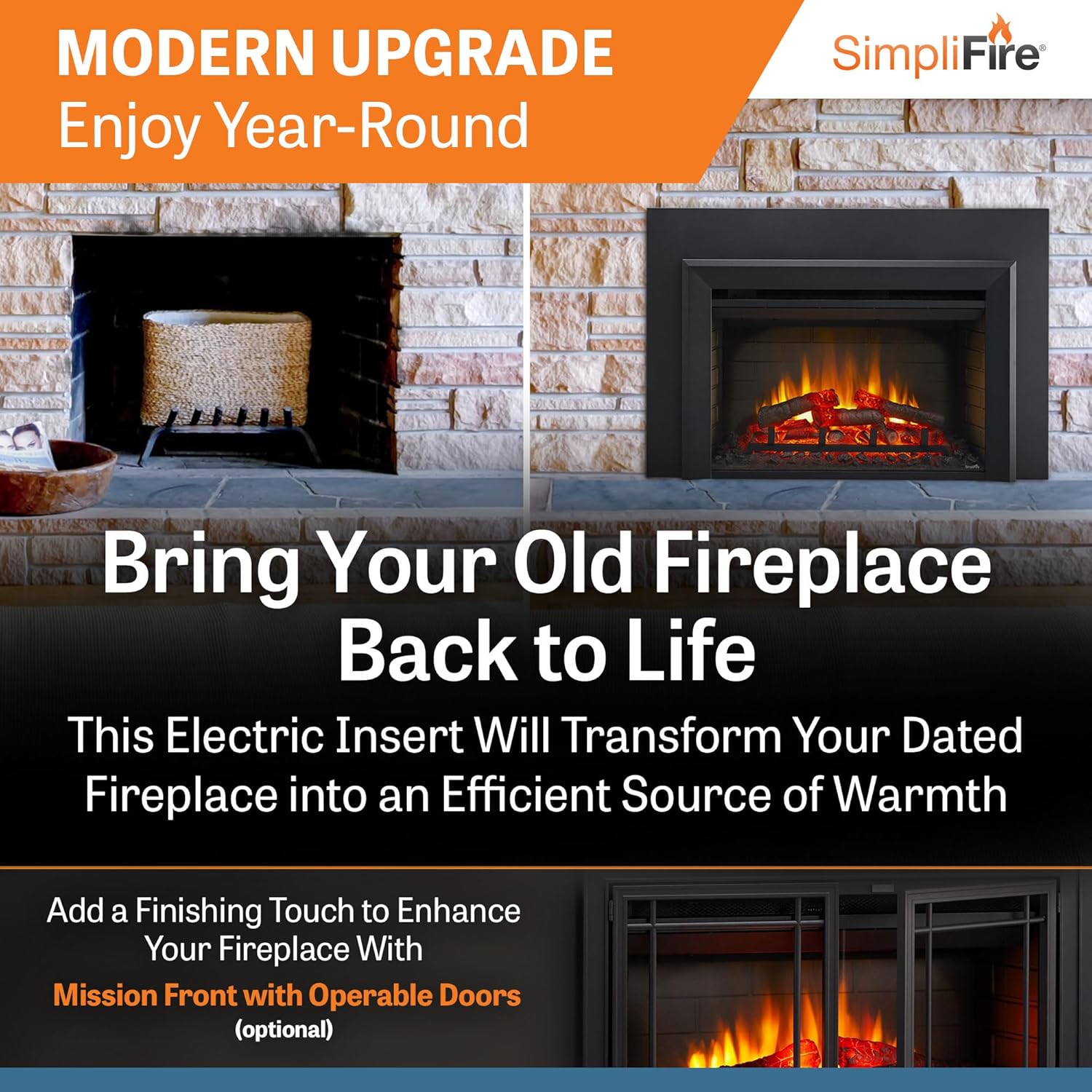 SimpliFire 35-Inch Electric Fireplace Insert, Large Black Surround, 44