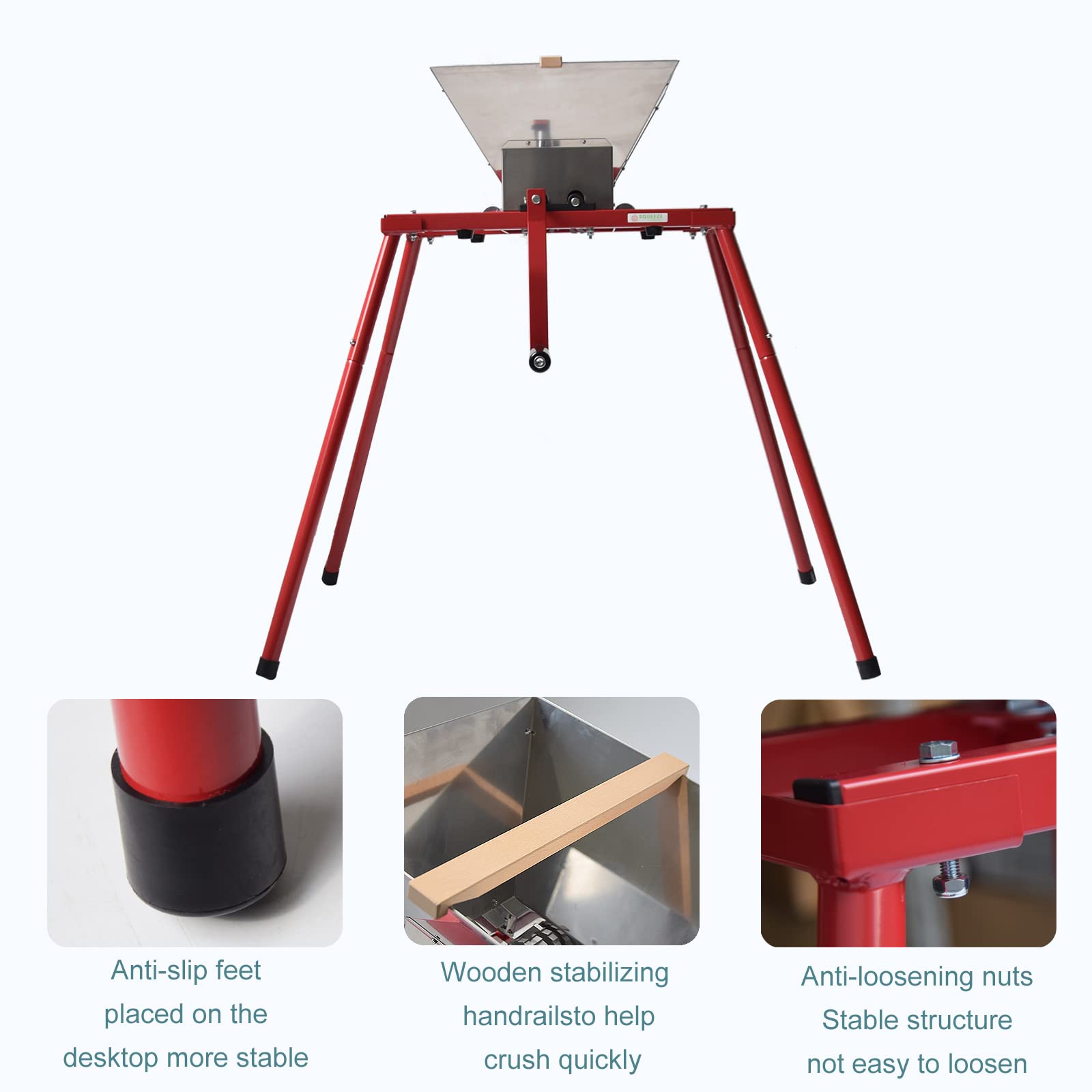 Fruit Apple Wine Classic Crusher With Stand -7 Litre/1.8Gallon Manual Grinder- Large Stainless Steel-Red
