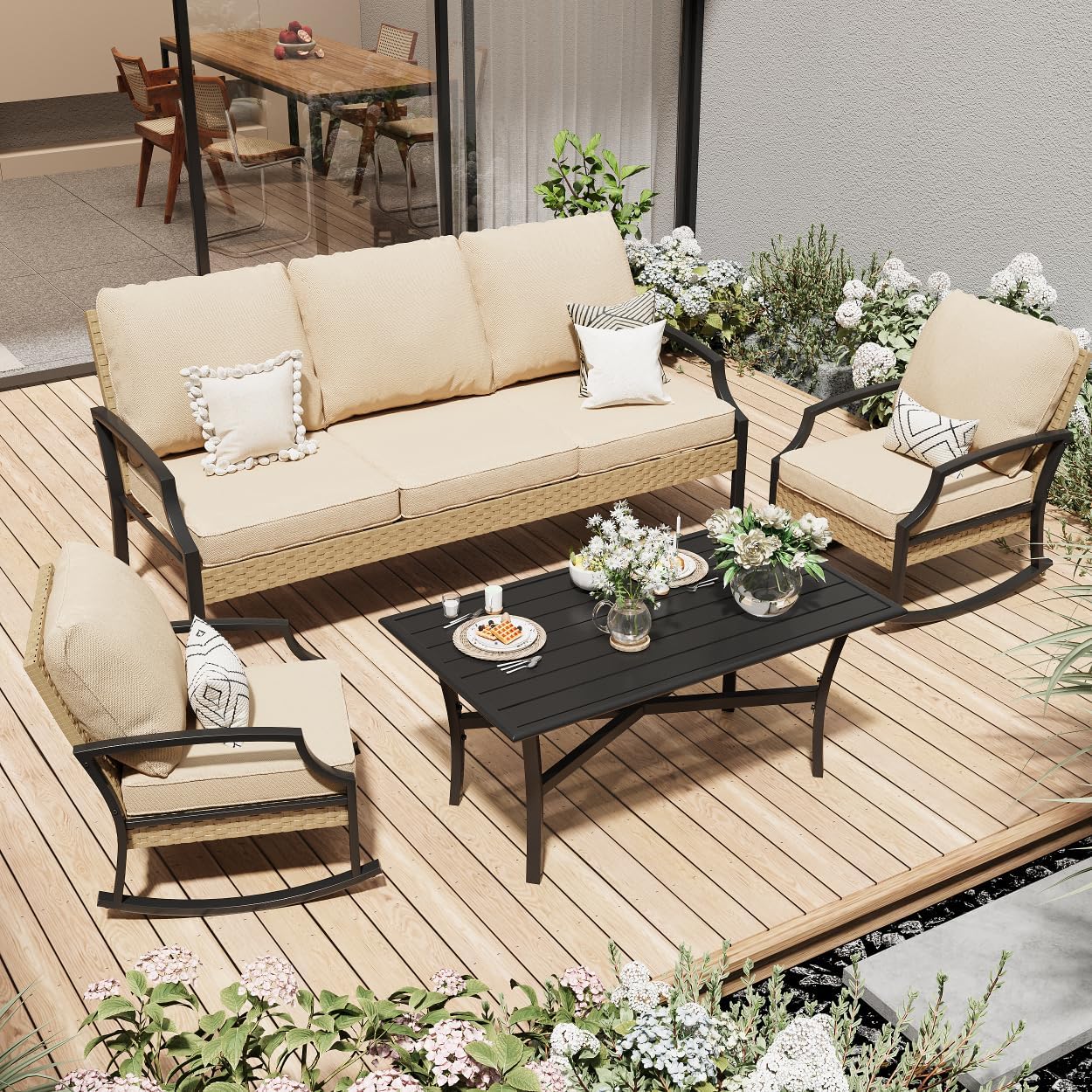 AECOJOY Outdoor Patio Furniture Set with Rocking Chair, 4 Piece Rattan Conversation Bistro Set with Coffee Table, Beige