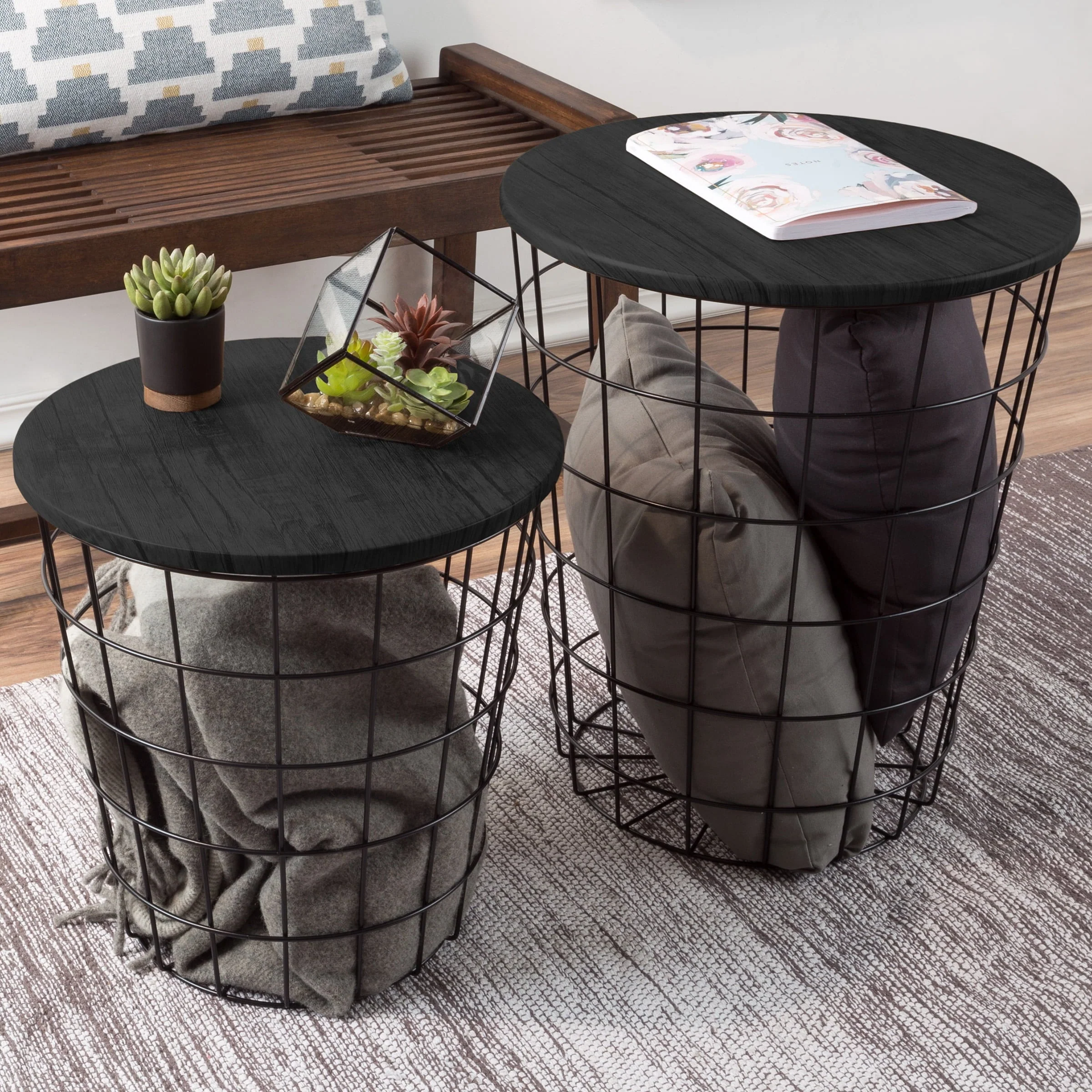 Nesting End Tables with Storage- Set of 2 Round Metal Baskets By Lavish Home (Black)(Black)