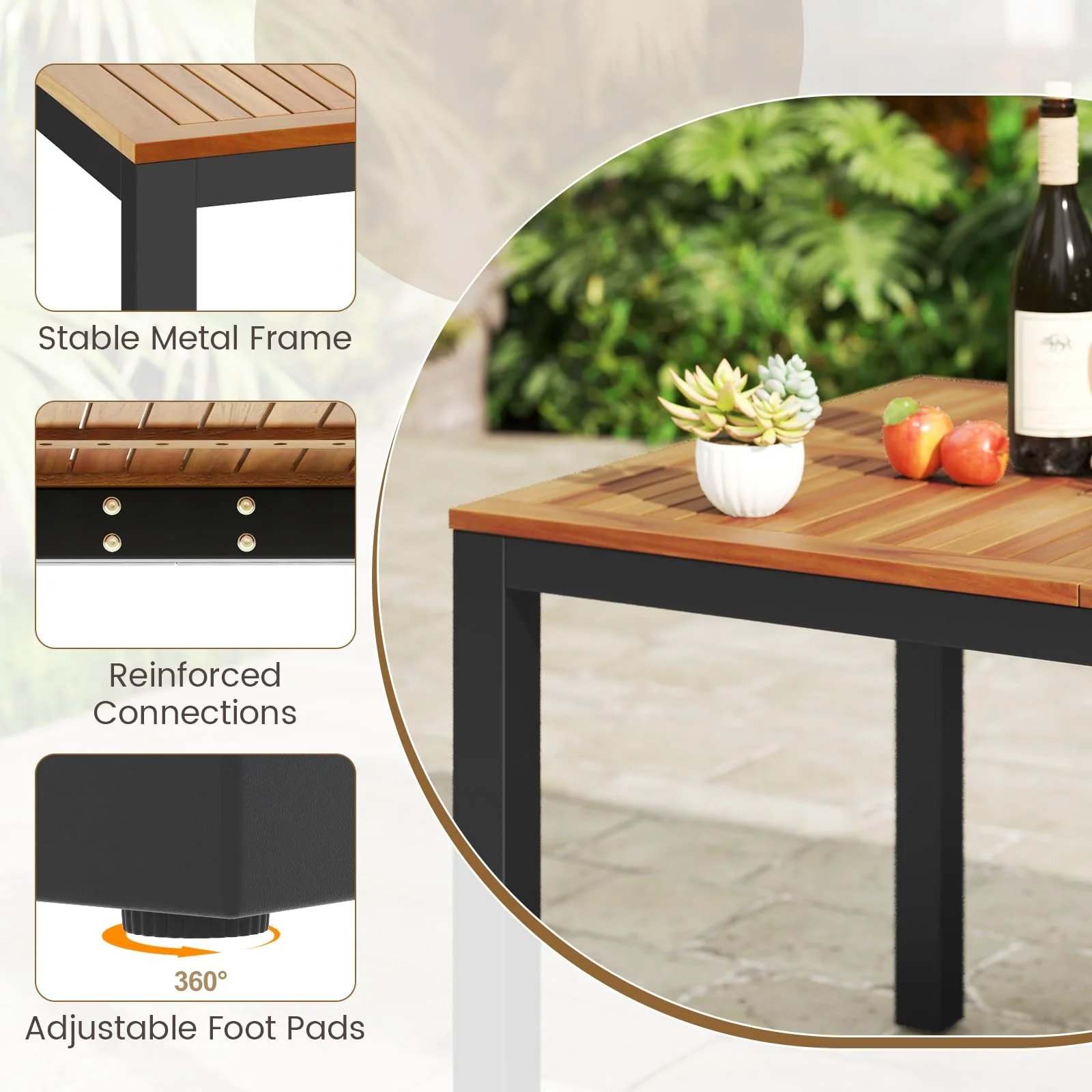 Tangkula Patio Rectangular Table with Umbrella Hole and 8 Solid Acacia Armchairs