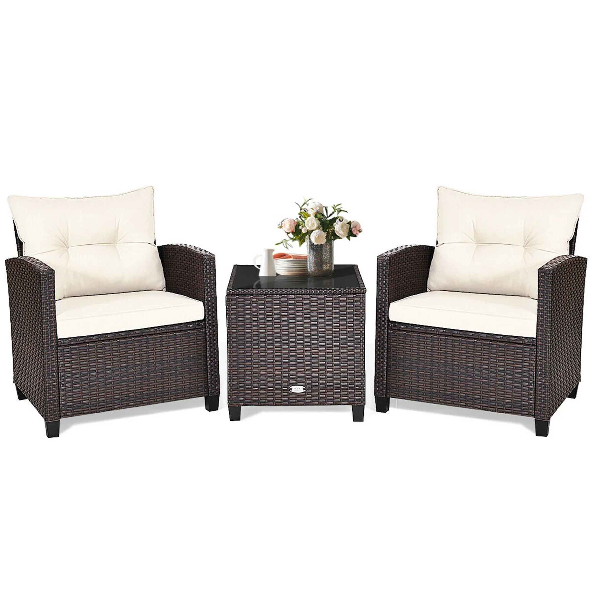 Gymax 3PCS Outdoor Patio Rattan Conversation Set Garden Yard w/ Off White Cushions