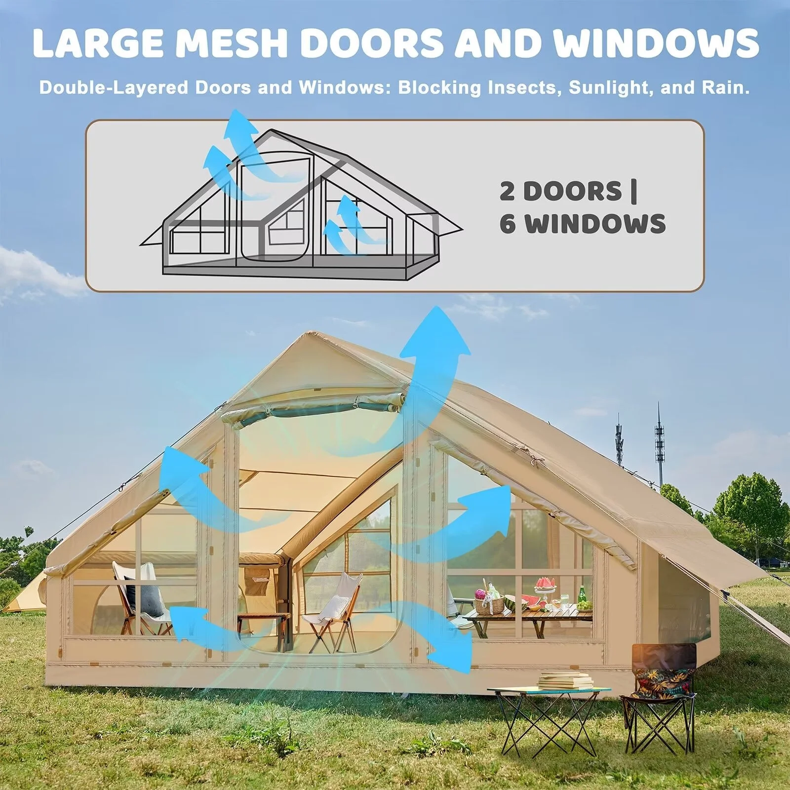 Lilypelle 4 - 6 Person Blow up Inflatable Tent with Stove Jack, Hot Tent for Camping with Hand Pump, Waterproof Inflatable Camp Tent with Mesh Windows, Easy Setup Glamping Inflatable House