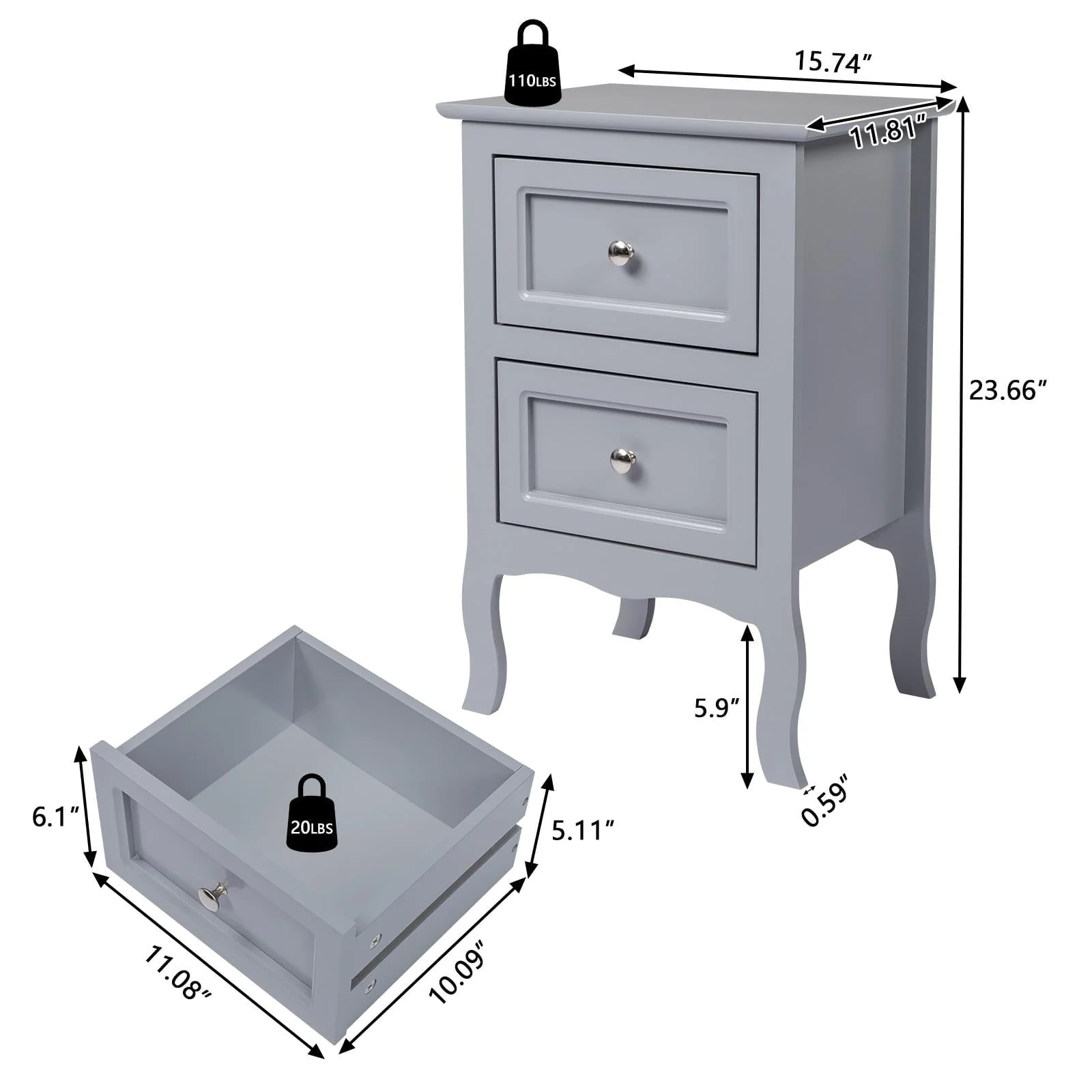 Nightstand, Bedside Table with 2 Storage Drawers, End Side for Bedroom, Country Style Set of 2,Gray(Brown) - Image 8
